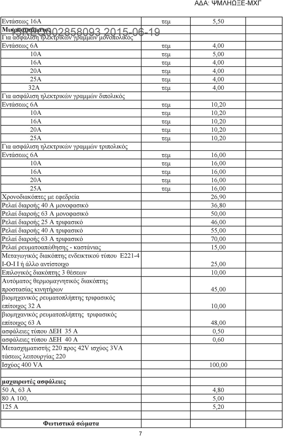 μονοφασικό 36,80 Ρελαί διαροής 63 Α μονοφασικό 50,00 Ρελαί διαροής 25 Α τριφασικό 46,00 Ρελαί διαροής 40 Α τριφασικό 55,00 Ρελαί διαροής 63 Α τριφασικό 70,00 Ρελαί ρευματοαπώθησης - καστάνιας 15,00