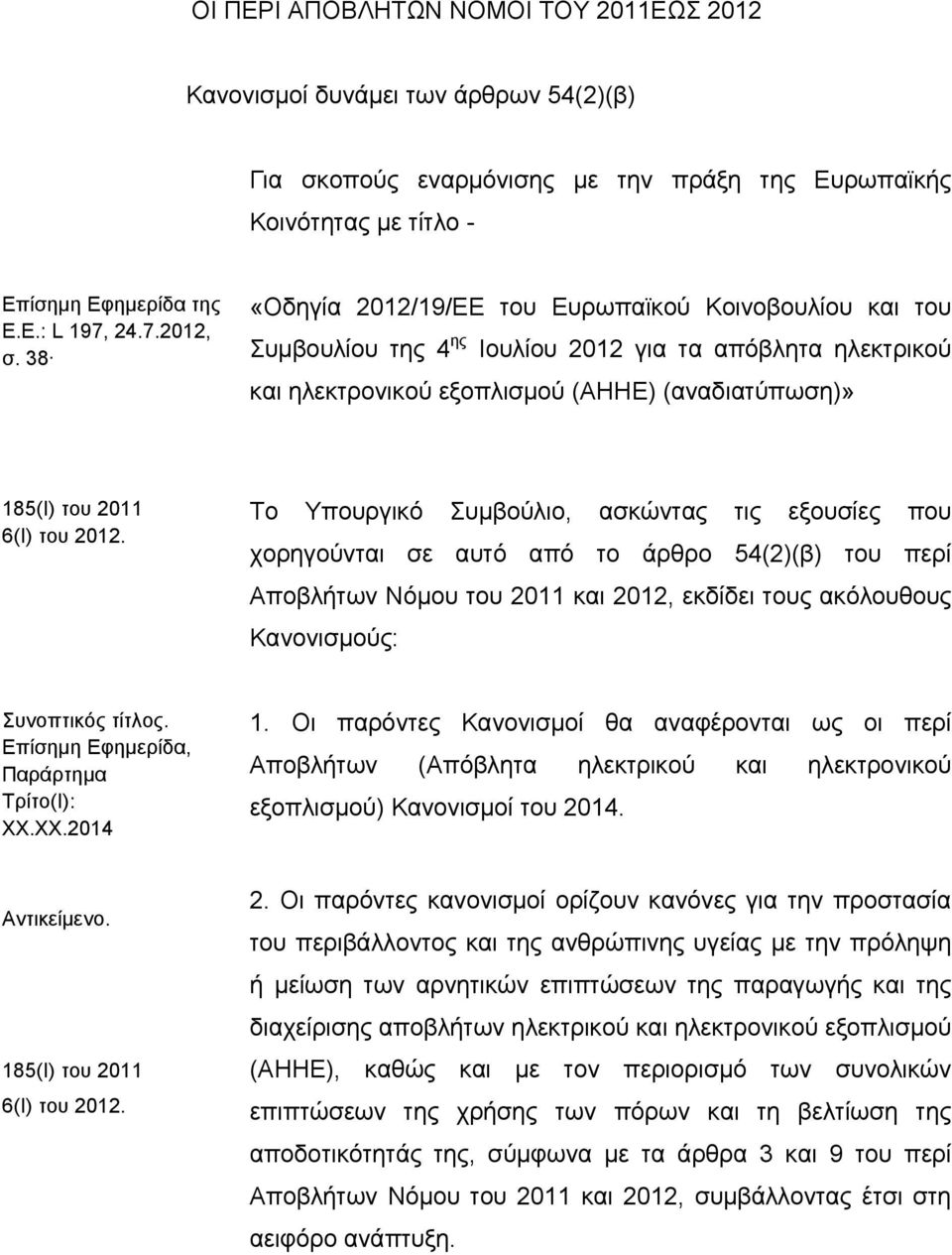 Το Υπουργικό Συμβούλιο, ασκώντας τις εξουσίες που χορηγούνται σε αυτό από το άρθρο 54(2)(β) του περί Αποβλήτων Νόμου του 2011 και 2012, εκδίδει τους ακόλουθους Κανονισμούς: Συνοπτικός τίτλος.