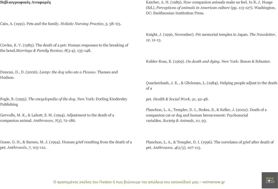 The death of a pet: Human responses to the breaking of the bond.marriage & Family Review, 8(3-4), 135-148. Knight, J. (1996, November). Pet memorial temples in Japan. The Newsletter, 12, 12-13.