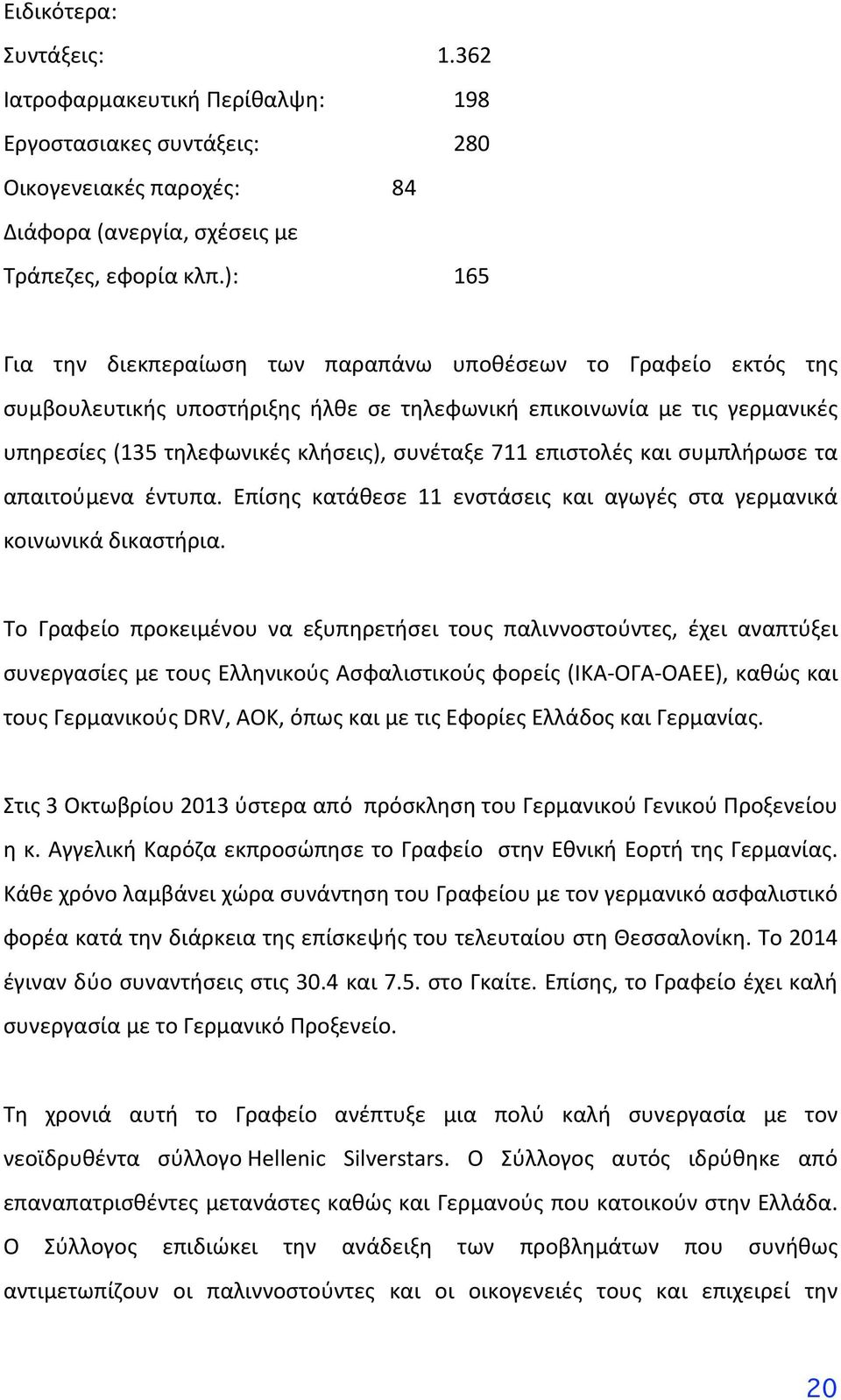 υπηρεσίες(135τηλεφωνικέςκλήσεις),συνέταξε711επιστολέςκαισυμπλήρωσετα απαιτούμενα έντυπα. Επίσης κατάθεσε 11 ενστάσεις και αγωγές στα γερμανικά κοινωνικάδικαστήρια.