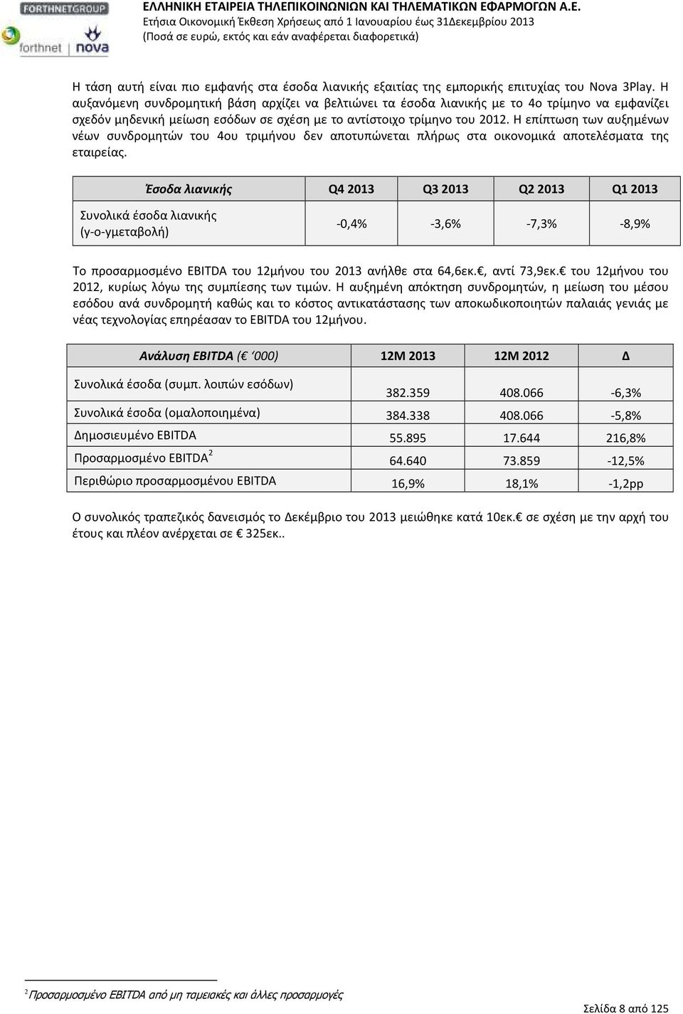 Η επίπτωση των αυξημένων νέων συνδρομητών του 4ου τριμήνου δεν αποτυπώνεται πλήρως στα οικονομικά αποτελέσματα της εταιρείας.