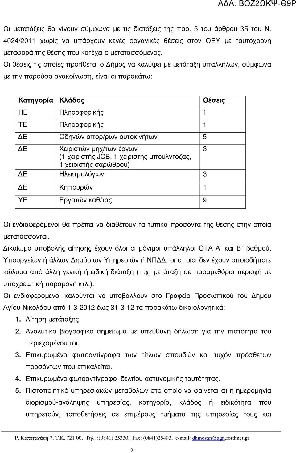 Οι θέσεις τις οποίες προτίθεται ο ήµος να καλύψει µε µετάταξη υπαλλήλων, σύµφωνα µε την παρούσα ανακοίνωση, είναι οι παρακάτω: Κατηγορία Κλάδος ΠΕ Πληροφορικής 1 ΤΕ Πληροφορικής 1 Ε Οδηγών απορ/ρων