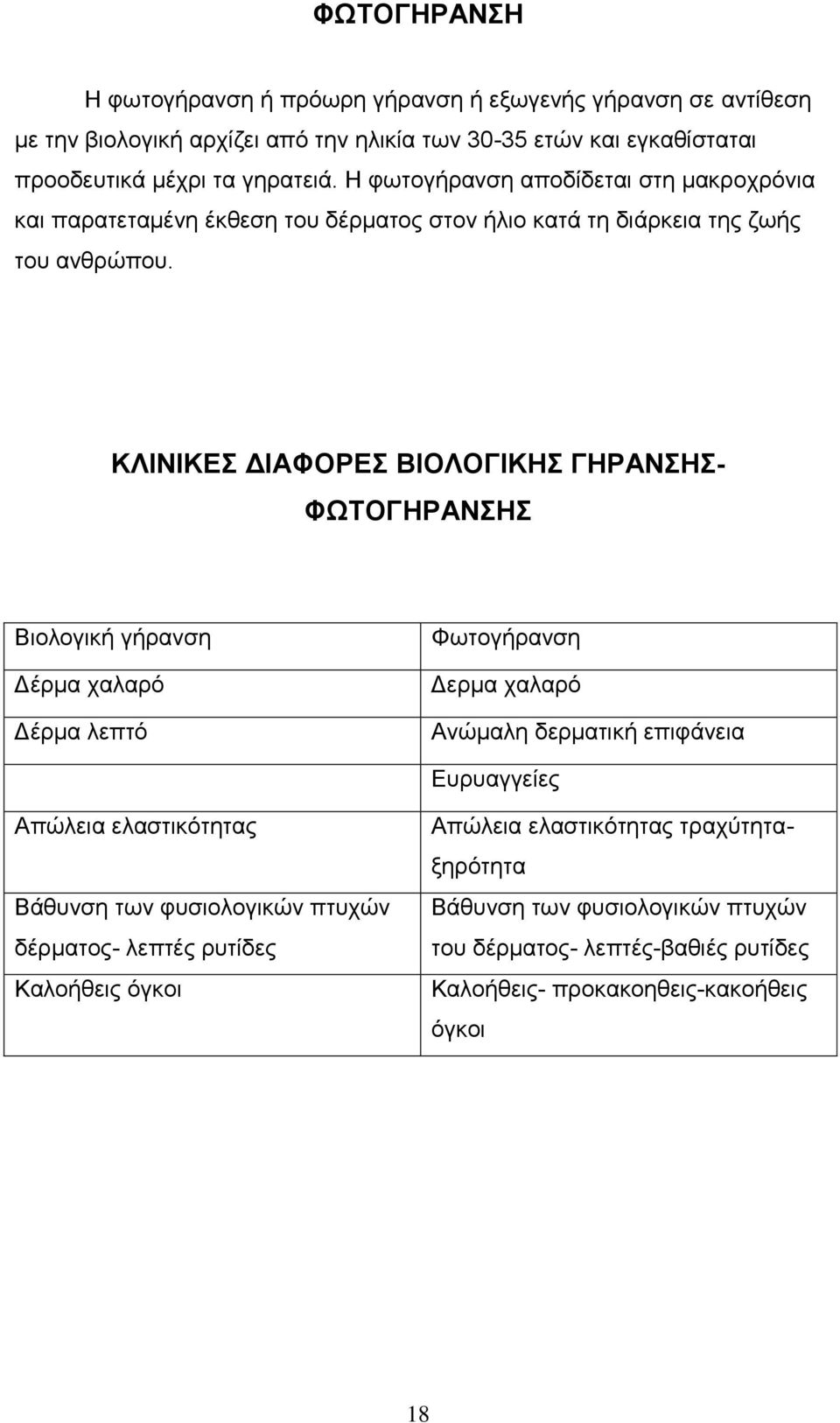 ΚΛΙΝΙΚΕΣ ΔΙΑΦΟΡΕΣ ΒΙΟΛΟΓΙΚΗΣ ΓΗΡΑΝΣΗΣ- ΦΩΤΟΓΗΡΑΝΣΗΣ Βιολογική γήρανση Δέρμα χαλαρό Δέρμα λεπτό Φωτογήρανση Δερμα χαλαρό Ανώμαλη δερματική επιφάνεια Ευρυαγγείες Απώλεια