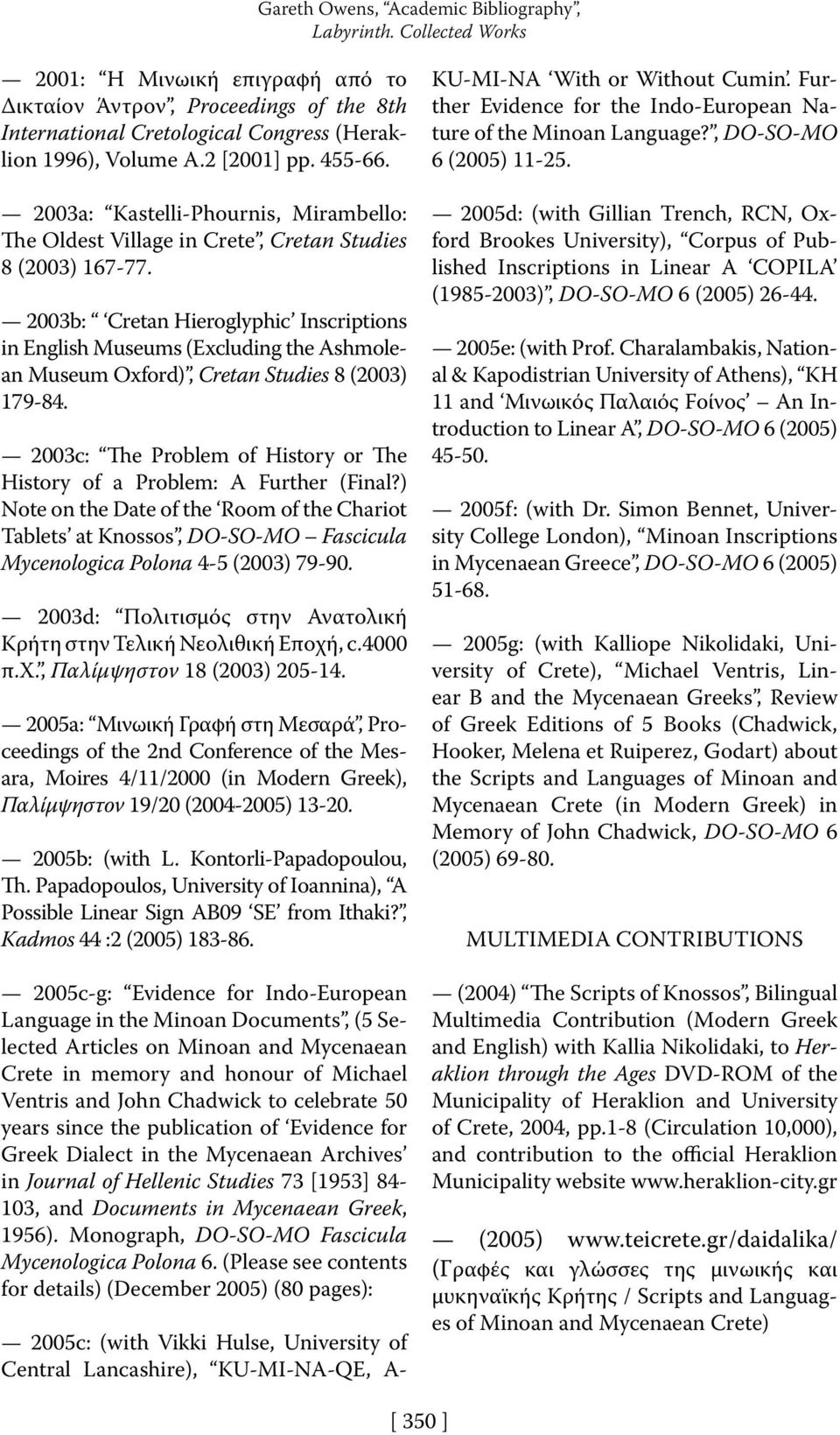 2003b: Cretan Hieroglyphic Inscriptions in English Museums (Excluding the Ashmolean Museum Oxford), Cretan Studies 8 (2003) 179-84.