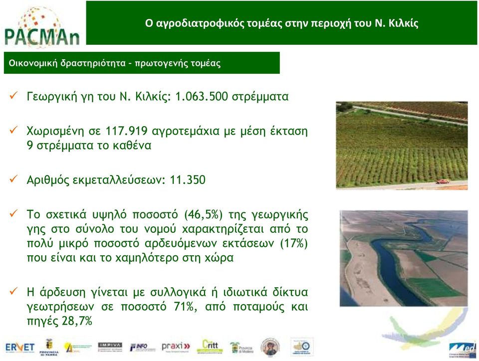 350 Το σχετικά υψηλό ποσοστό (46,5%) της γεωργικής γης στο σύνολο του νοµού χαρακτηρίζεται από το πολύ µικρό ποσοστό αρδευόµενων