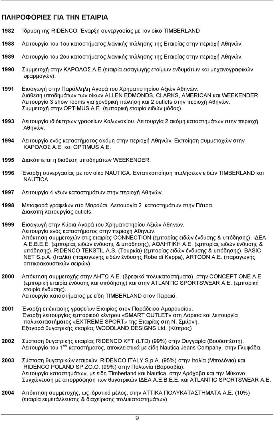 1991 Εισαγωγή στην Παράλληλη Αγορά του Χρηµατιστηρίου Αξιών Αθηνών. ιάθεση υποδηµάτων των οίκων ALLEN EDMONDS, CLARKS, AMERICAN και WEEKENDER.