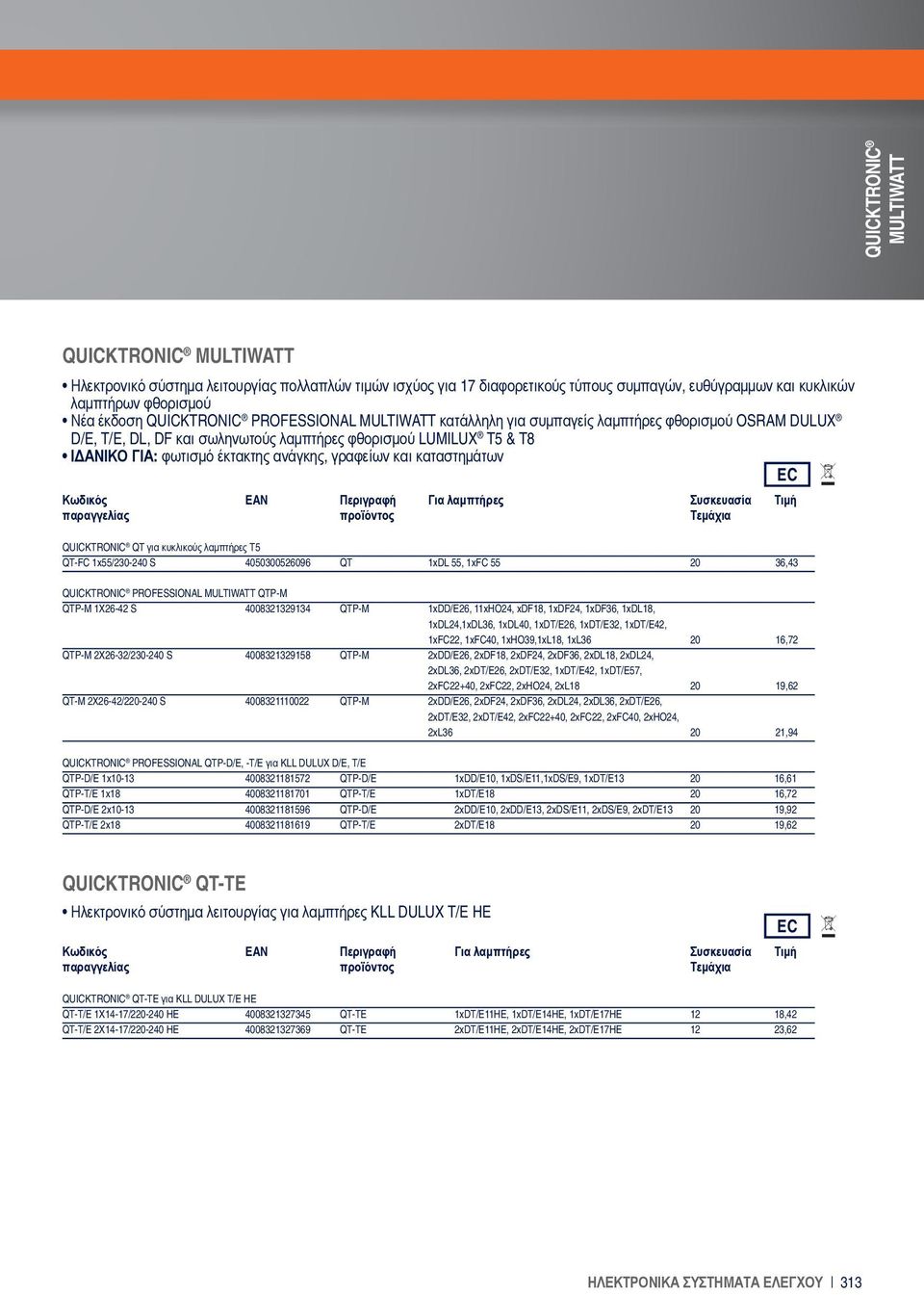 γραφείων και καταστημάτων QUICKTRONIC QT για κυκλικούς λαμπτήρες T5 QT-FC 1x55/230-240 S 4050300526096 QT 1xDL 55, 1xFC 55 20 36,43 QUICKTRONIC PROFESSIONAL MULTIWATT QTP-M QTP-M 1X26-42 S