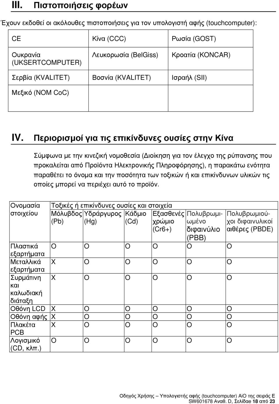 Περιορισµοί για τις επικίνδυνες ουσίες στην Κίνα Σύµφωνα µε την κινεζική νοµοθεσία ( ιοίκηση για τον έλεγχο της ρύπανσης που προκαλείται από Προϊόντα Ηλεκτρονικής Πληροφόρησης), η παρακάτω ενότητα