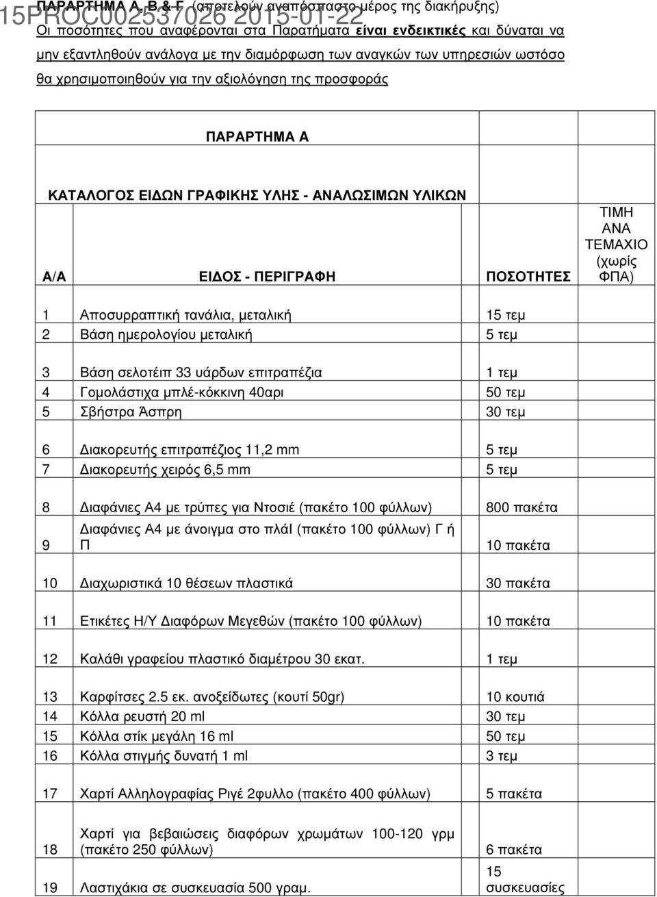 Αποσυρραπτική τανάλια, µεταλική 15 τεµ 2 Βάση ηµερολογίου µεταλική 5 τεµ 3 Βάση σελοτέιπ 33 υάρδων επιτραπέζια 1 τεµ 4 Γοµολάστιχα µπλέ-κόκκινη 40αρι 50 τεµ 5 Σβήστρα Άσπρη 30 τεµ 6 ιακορευτής