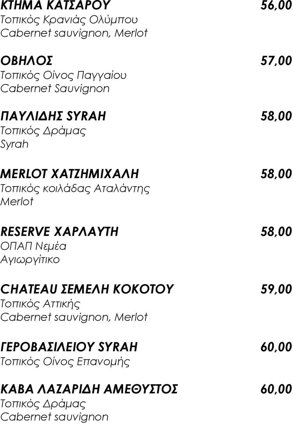 Merlot RESERVE ΦΑΡΛΑΤΣΗ 58,00 ΟΠΑΠ Νεμέα Αγιωργίτικο CHATEAU ΕΜΕΛΗ ΚΟΚΟΣΟΤ 59,00 Σοπικός Αττικής Cabernet