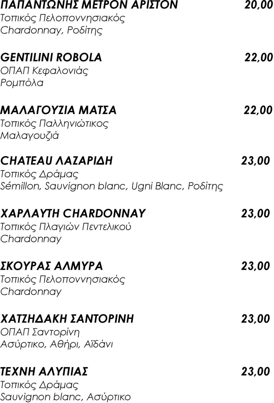 Blanc, Ροδίτης ΦΑΡΛΑΤΣΗ CHARDONNAY 23,00 Σοπικός Πλαγιών Πεντελικού Chardonnay ΚΟΤΡΑ ΑΛΜΤΡΑ 23,00 Σοπικός Πελοποννησιακός