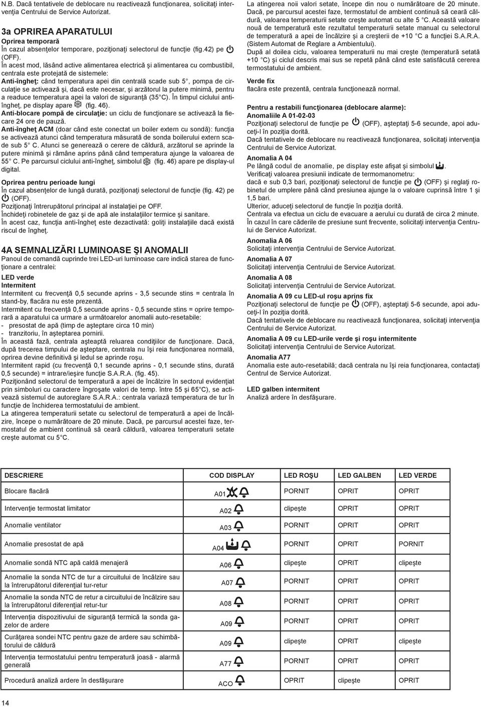 În acest mod, lăsând active alimentarea electrică şi alimentarea cu combustibil, centrala este protejată de sistemele: Anti-îngheţ: când temperatura apei din centrală scade sub 5, pompa de circulaţie