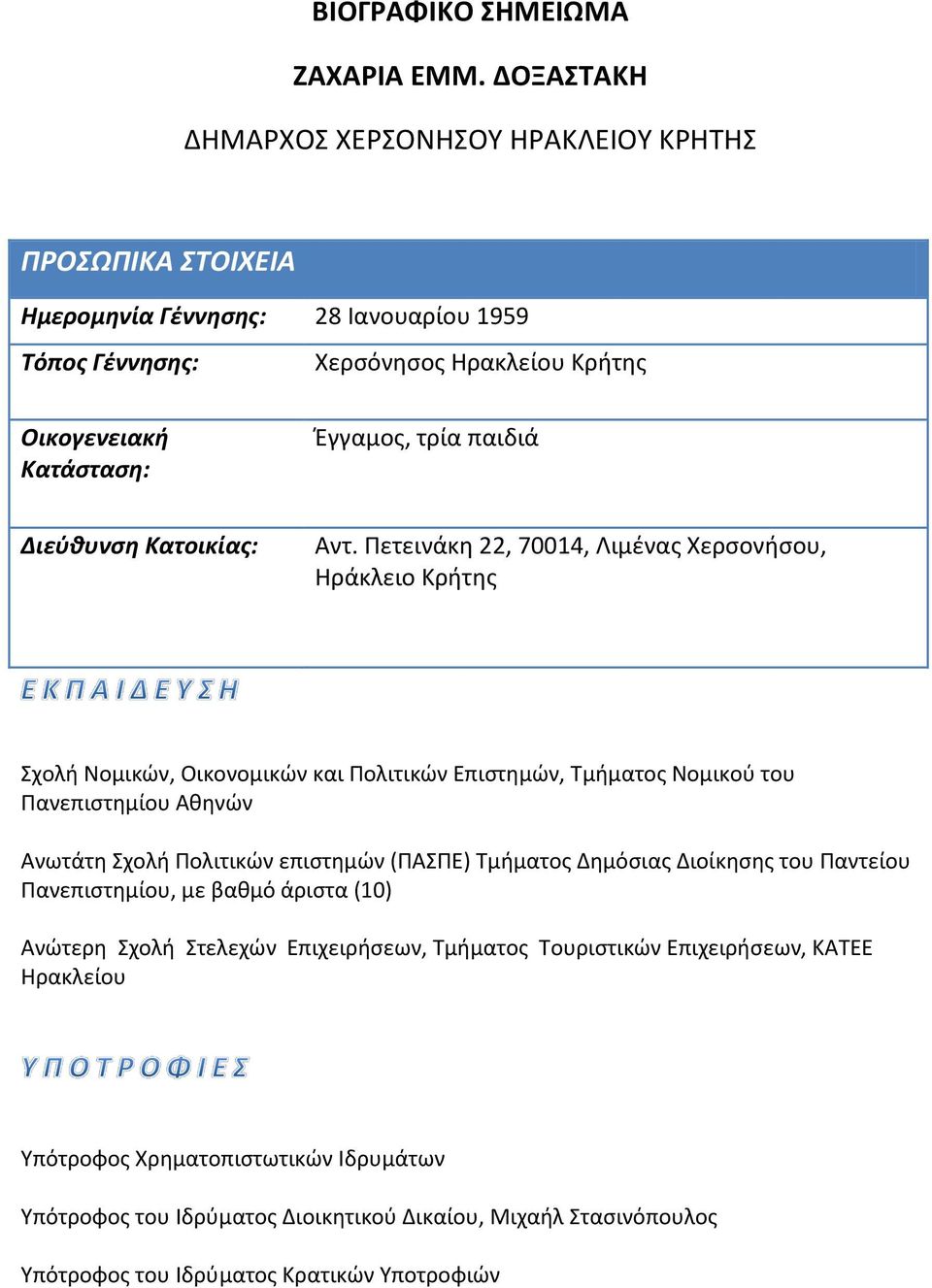 Διεύθυνση Κατοικίας: Αντ. Πετεινάκη 22, 70014, Λιμένας Χερσονήσου, Ηράκλειο Κρήτης Ι.