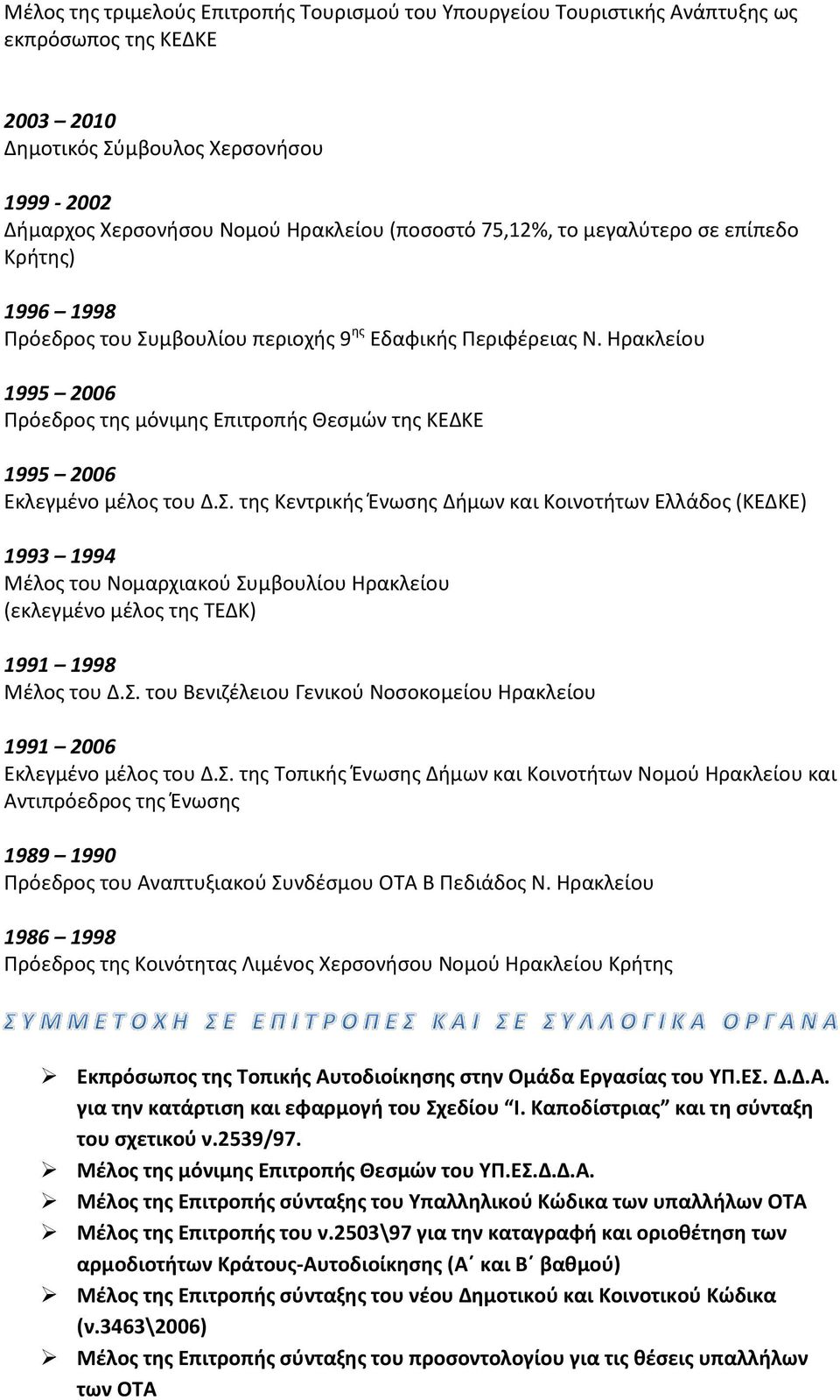 Ηρακλείου 1995 2006 Πρόεδρος της μόνιμης Επιτροπής Θεσμών της ΚΕΔΚΕ 1995 2006 Εκλεγμένο μέλος του Δ.Σ.