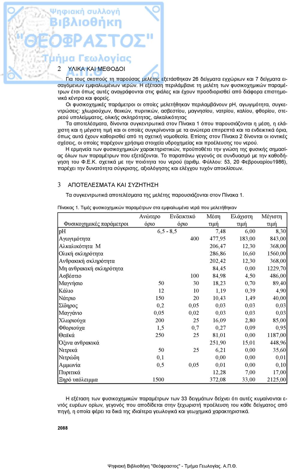 Οι φυσικοχηµικές παράµετροι οι οποίες µελετήθηκαν περιλαµβάνουν ph, αγωγιµότητα, συγκεντρώσεις: χλωριούχων, θειικών, πυριτικών, ασβεστίου, µαγνησίου, νατρίου, καλίου, φθορίου, στερεού υπολείµµατος,