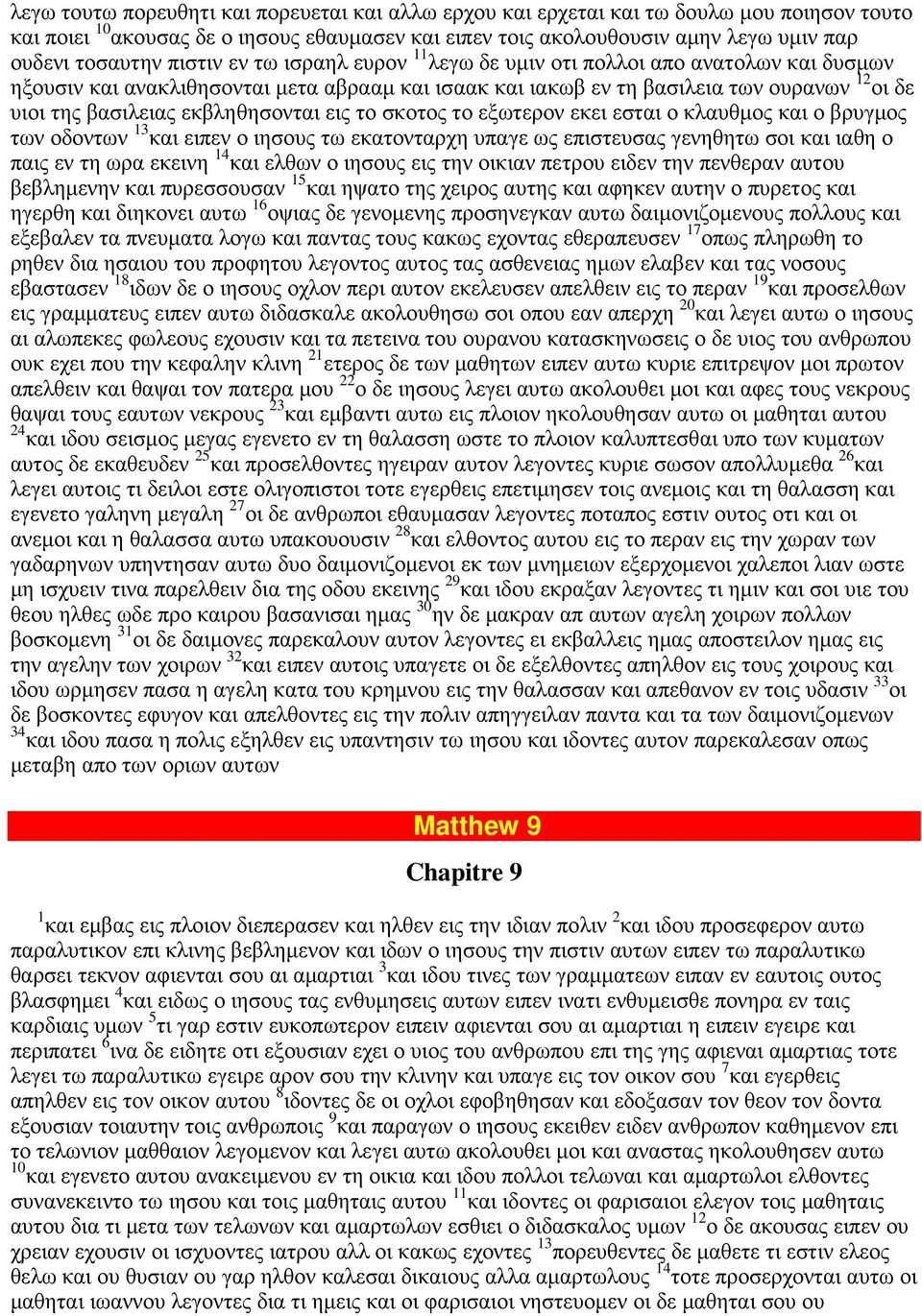 εκβληθησονται εις το σκοτος το εξωτερον εκει εσται ο κλαυθµος και ο βρυγµος των οδοντων 13 και ειπεν ο ιησους τω εκατονταρχη υπαγε ως επιστευσας γενηθητω σοι και ιαθη ο παις εν τη ωρα εκεινη 14 και