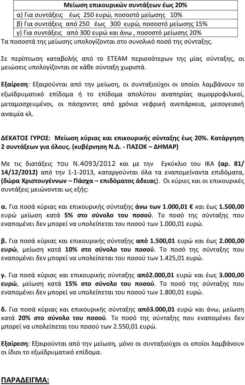 Εξαίρεση: Εξαιρούνται από την μείωση, οι συνταξιούχοι οι οποίοι λαμβάνουν το εξωϊδρυματικό επίδομα ή το επίδομα απολύτου αναπηρίας αιμορροφιλικοί, μεταμοσχευμένοι, οι πάσχοντες από χρόνια νεφρική