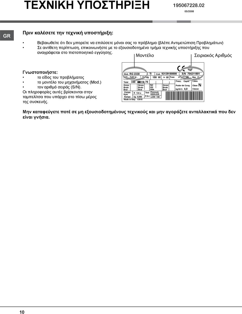 ) τον αριθμό σειράς (S/Ν). Οι πληροφορίες αυτές βρίσκονται στην ταμπελίτσα που υπάρχει στο πίσω μέρος της συσκευής. Mod. RG 2330 TI Cod.