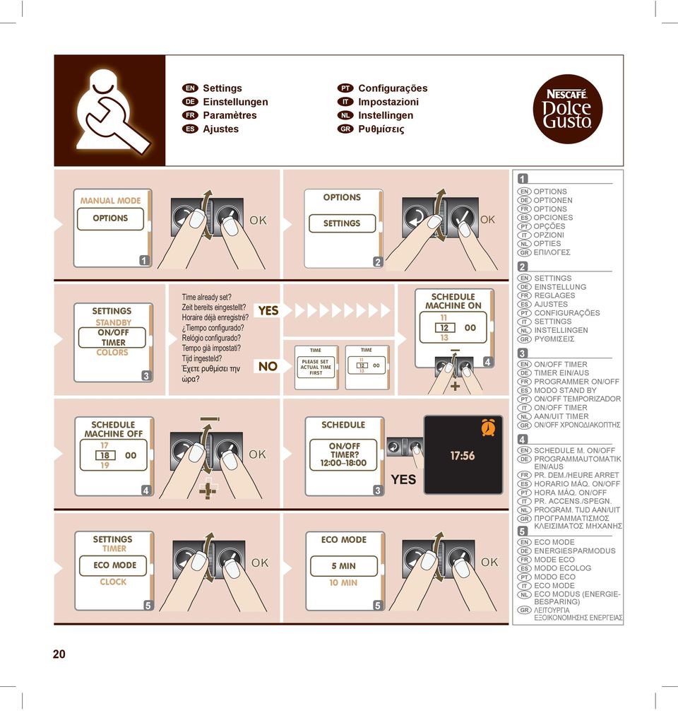 :00 8:00 ECO MO MIN 0 MIN TIME PLEASE SET ACTUAL TIME FIRST TIME 00 Y SCHEDULE MACHINE ON 00 + 7:6 OIONEN OPCION OPÇÕ OPZIONI OI ΕΠΙΛΟΓΕΣ SETTINGS EINSTELLUNG REGLAG AJUST CONFIGURAÇÕ SETTINGS