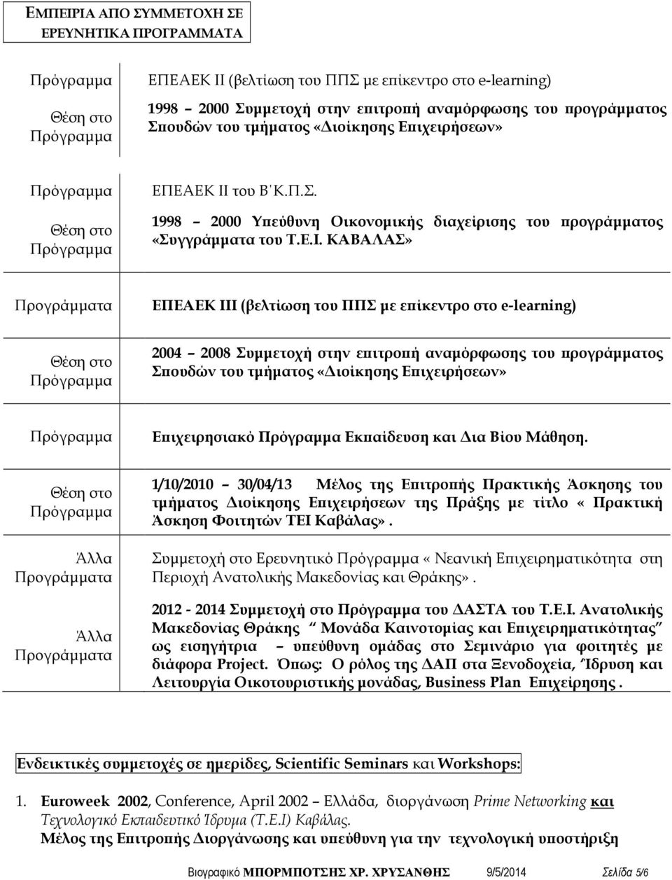 του Β Κ.Π.Σ. 1998 2000 Υ εύθυνη Οικονοµικής διαχείρισης του ρογράµµατος «Συγγράµµατα του Τ.Ε.Ι.