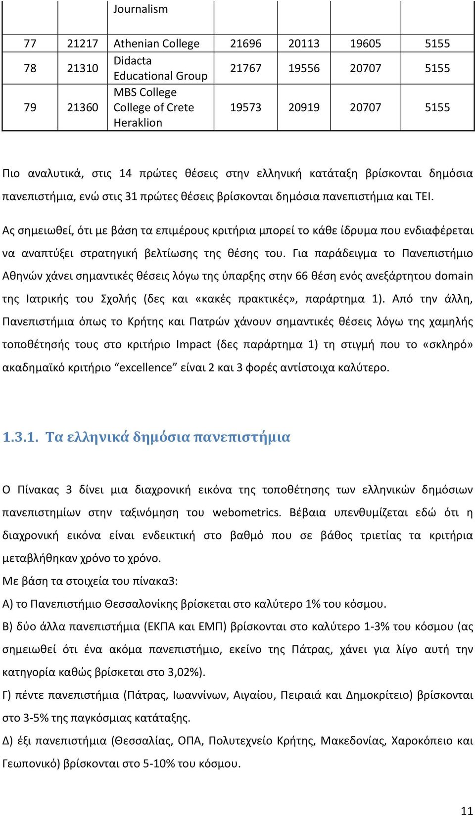 Ας σημειωθεί, ότι με βάση τα επιμέρους κριτήρια μπορεί το κάθε ίδρυμα που ενδιαφέρεται να αναπτύξει στρατηγική βελτίωσης της θέσης του.