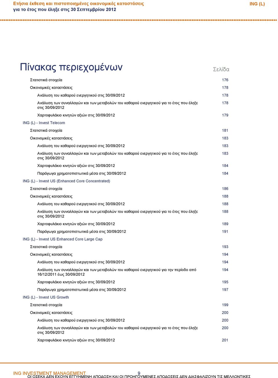 καταστάσεις 183 Ανάλυση του καθαρού ενεργητικού στις 30/09/2012 183 Ανάλυση των συναλλαγών και των μεταβολών του καθαρού ενεργητικού για το έτος που έληξε στις 30/09/2012 183 Χαρτοφυλάκιο κινητών