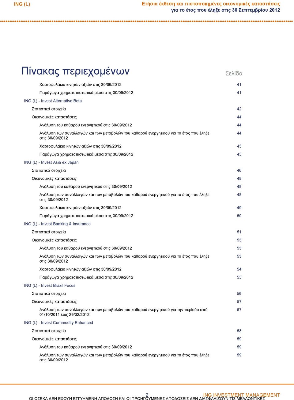 30/09/2012 44 Χαρτοφυλάκιο κινητών αξιών στις 30/09/2012 45 Παράγωγα χρηματοπιστωτικά μέσα στις 30/09/2012 45 Invest Asia ex Japan Στατιστικά στοιχεία 46 Οικονομικές καταστάσεις 48 Ανάλυση του