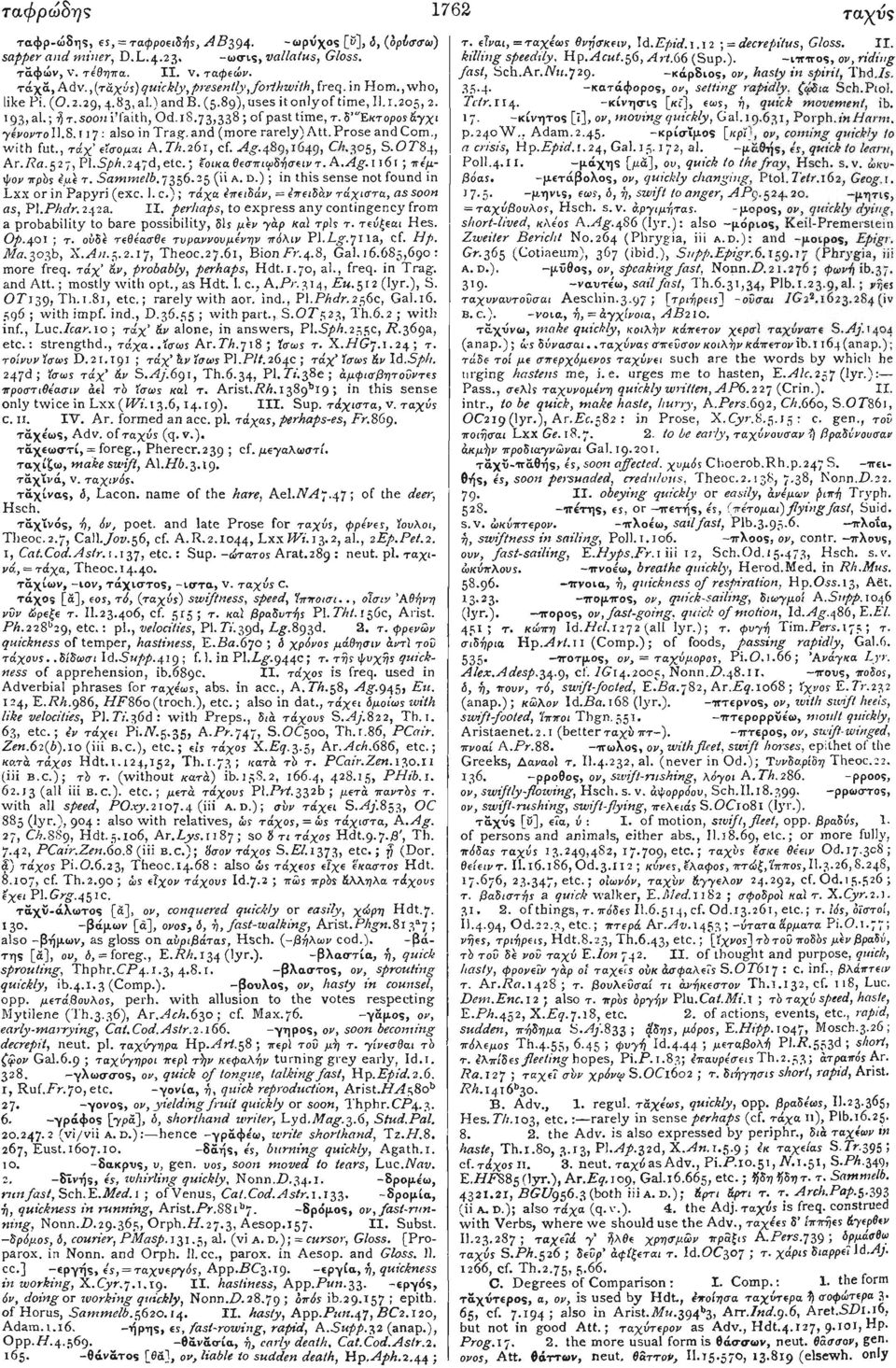 Εκτ ' 5 οροςάγχι γένοντο 11.8.117: also in Trag. and (more rarely) Att. Prose and Com., with fut., τάχ' εΐσομαι A. Th.261, cf. ^.489,1649, Ch.303, S.OT84, Ar.Pa.527, Pl.S/>A.247d,etc.