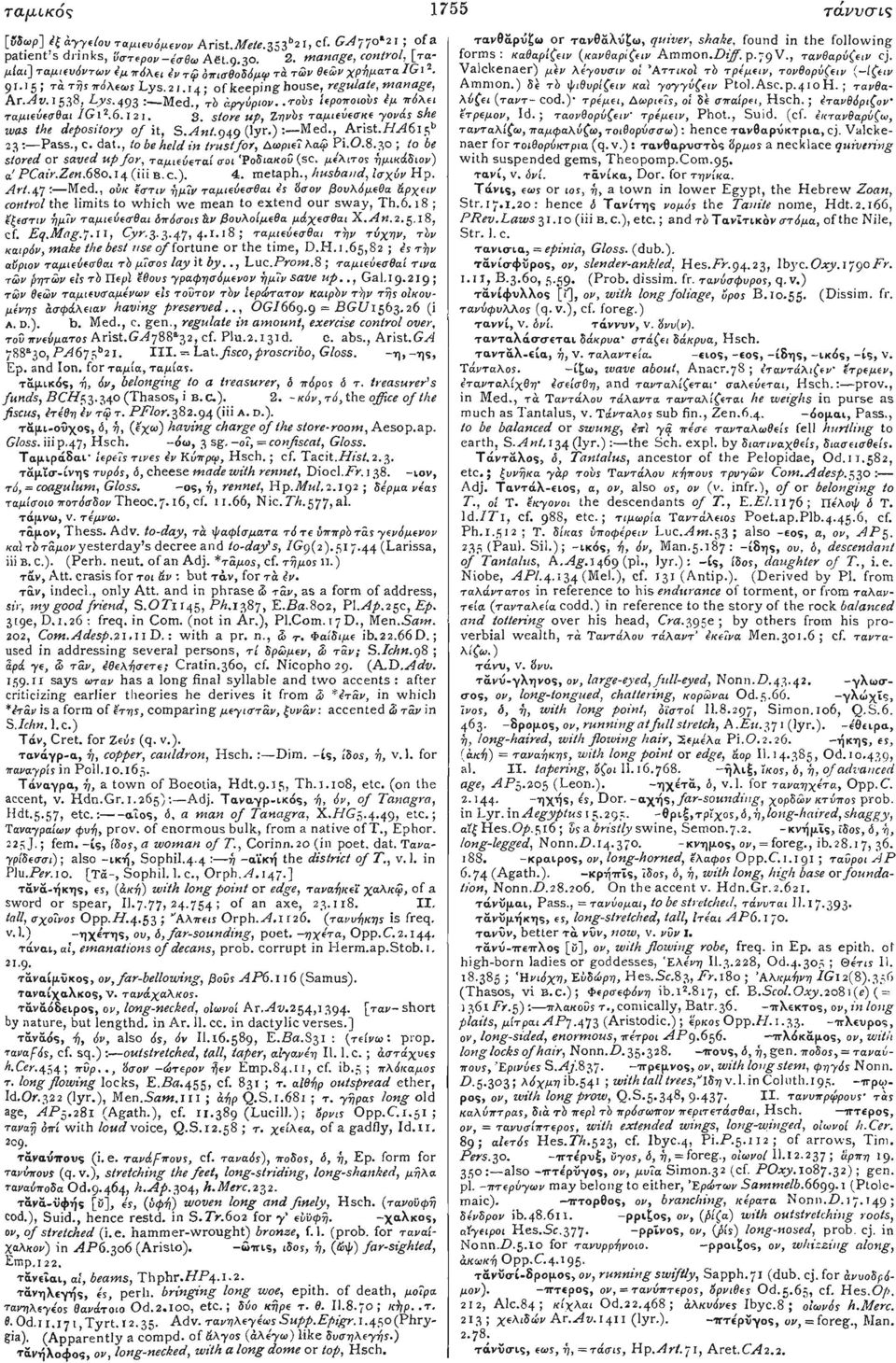 store up, Ζηνός ταμιεύεσκε γονάς she was the depository of it, S.Ant.g4g (lyr.) : Med., Arist.H^615 B 23 : Pass., c. dat., to be held in trustfor, ΛωριεΊ λαφ Pi.O.8.