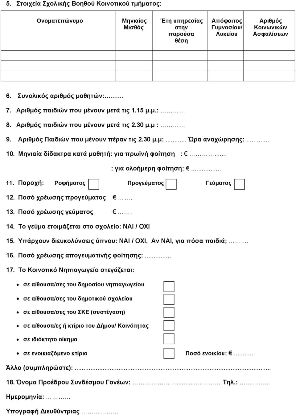 Μηνιαία δίδακτρα κατά μαθητή: για πρωϊνή φοίτηση :... : για ολοήμερη φοίτηση:... 11. Παροχή: Ροφήματος Προγεύματος Γεύματος 12. Ποσό χρέωσης προγεύματος. 13. Ποσό χρέωσης γεύματος. 14.