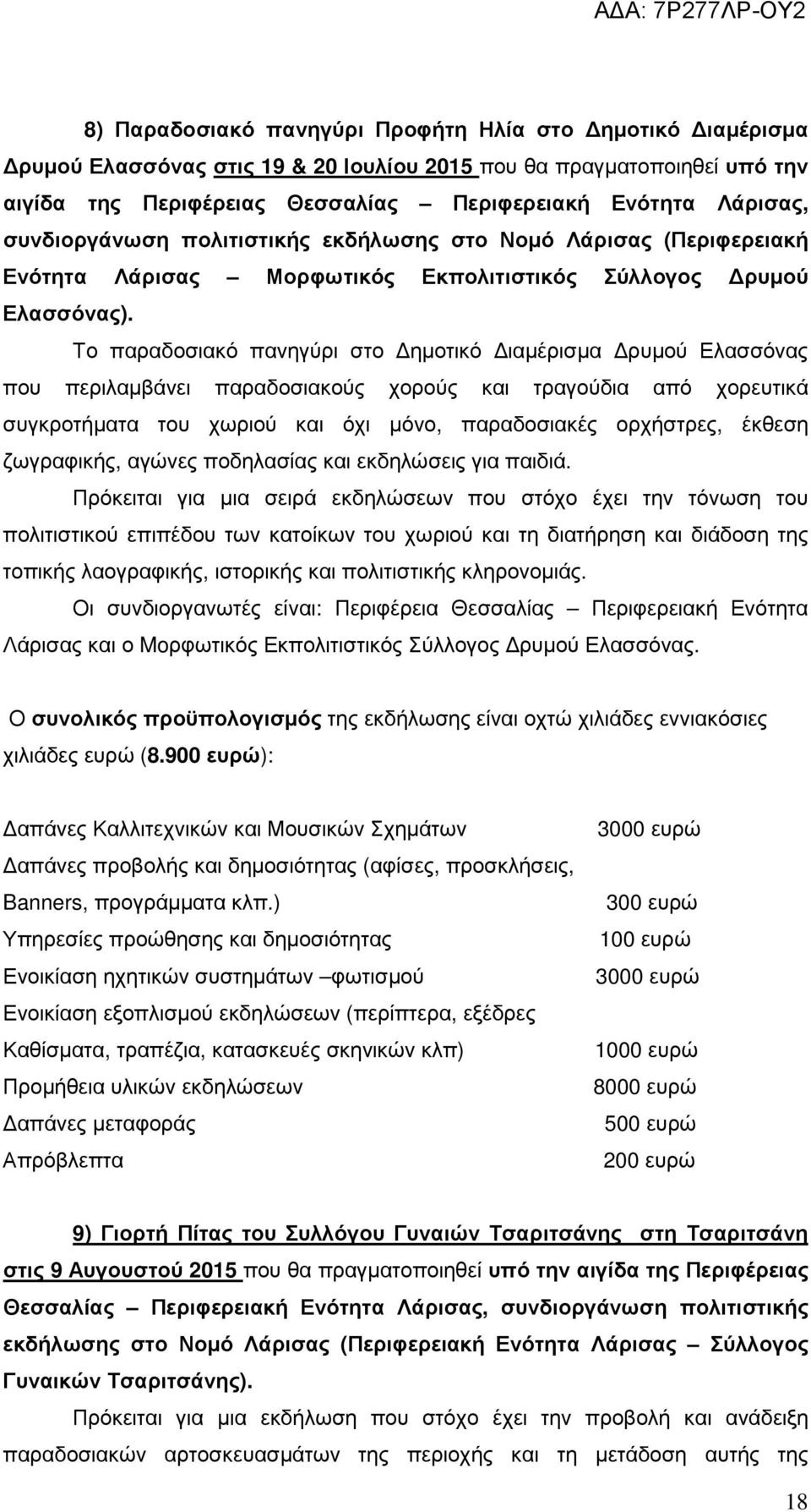 Το παραδοσιακό πανηγύρι στο ηµοτικό ιαµέρισµα ρυµού Ελασσόνας που περιλαµβάνει παραδοσιακούς χορούς και τραγούδια από χορευτικά συγκροτήµατα του χωριού και όχι µόνο, παραδοσιακές ορχήστρες, έκθεση