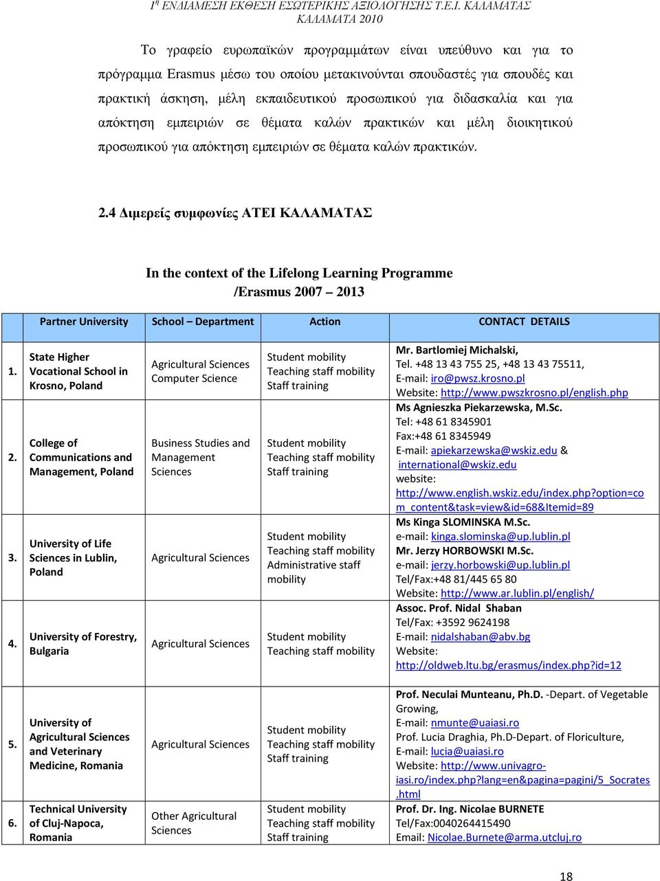 4 ιµερείς συµφωνίες ΑΤΕΙ ΚΑΛΑΜΑΤΑΣ In the context of the Lifelong Learning Programme /Erasmus 2007 2013 Partner University School Department Action CONTACT DETAILS 1. 2. 3. 4.