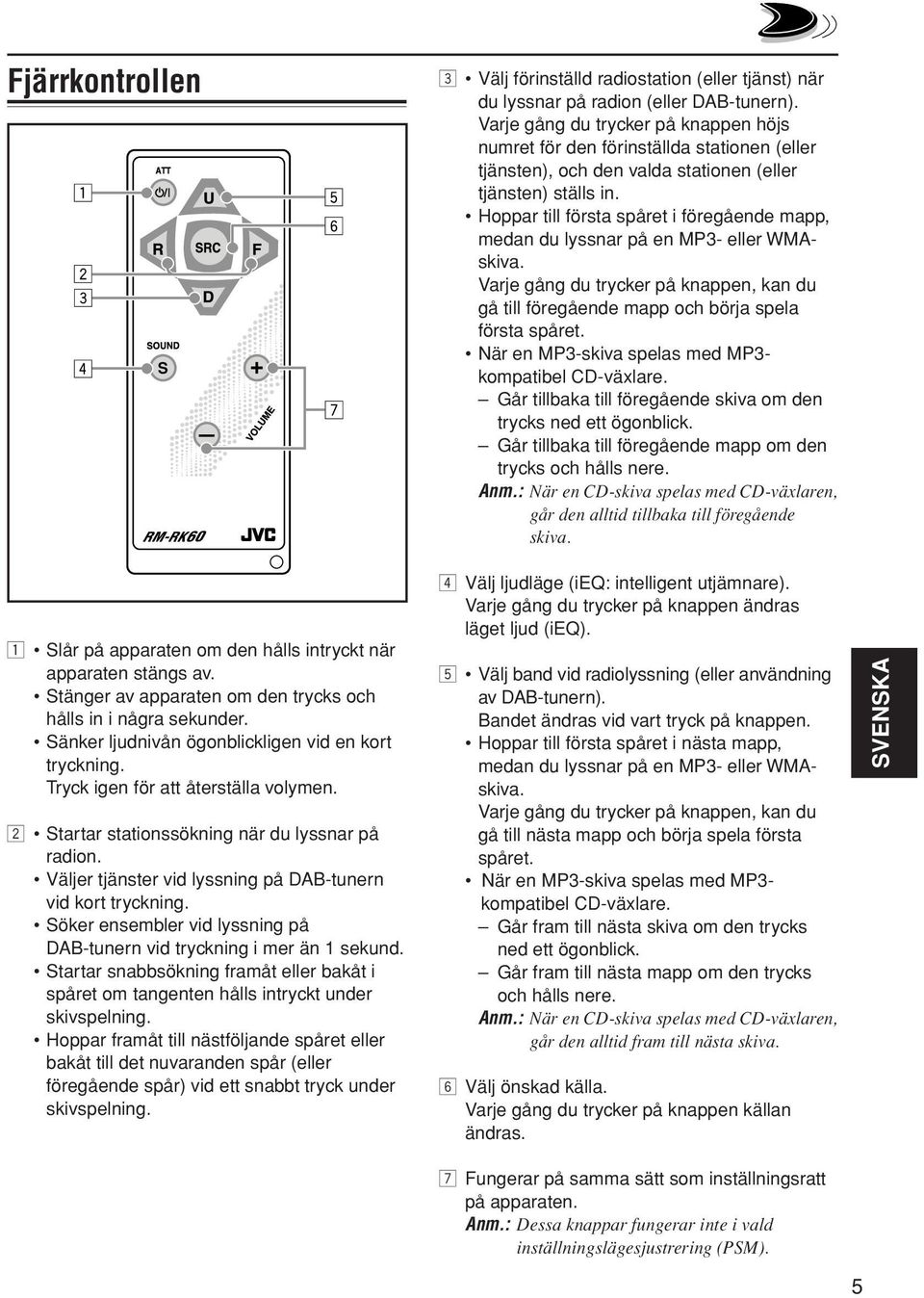 Hoppar till första spåret i föregående mapp, medan du lyssnar på en MP3- eller WMAskiva. Varje gång du trycker på knappen, kan du gå till föregående mapp och börja spela första spåret.