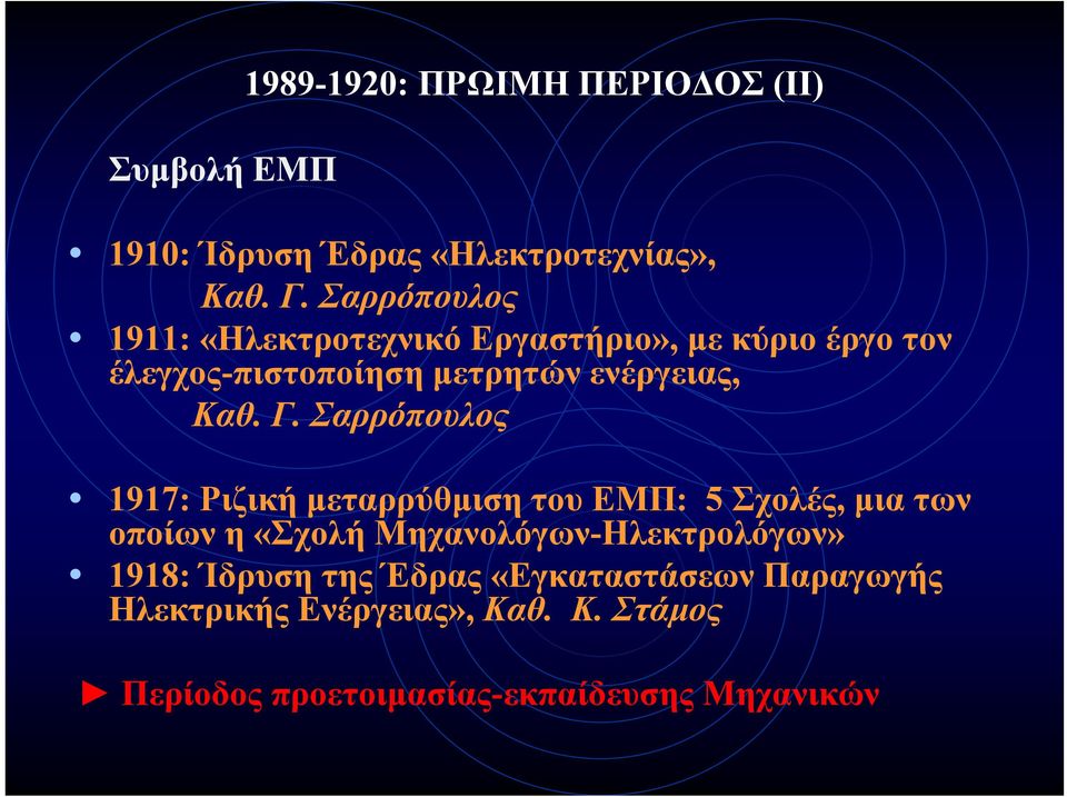 Γ. Σαρρόπουλος 1917: Ριζική μεταρρύθμιση του ΕΜΠ: 5 Σχολές, μια των οποίων η «Σχολή Μηχανολόγων-Ηλεκτρολόγων»