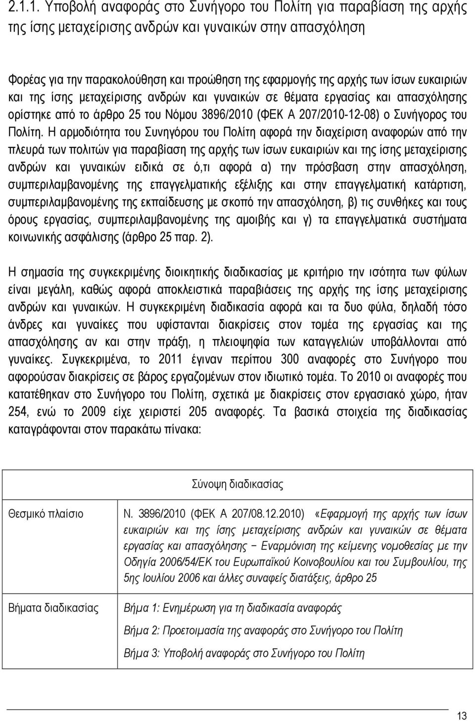 Η αρμοδιότητα του Συνηγόρου του Πολίτη αφορά την διαχείριση αναφορών από την πλευρά των πολιτών για παραβίαση της αρχής των ίσων ευκαιριών και της ίσης μεταχείρισης ανδρών και γυναικών ειδικά σε ό,τι