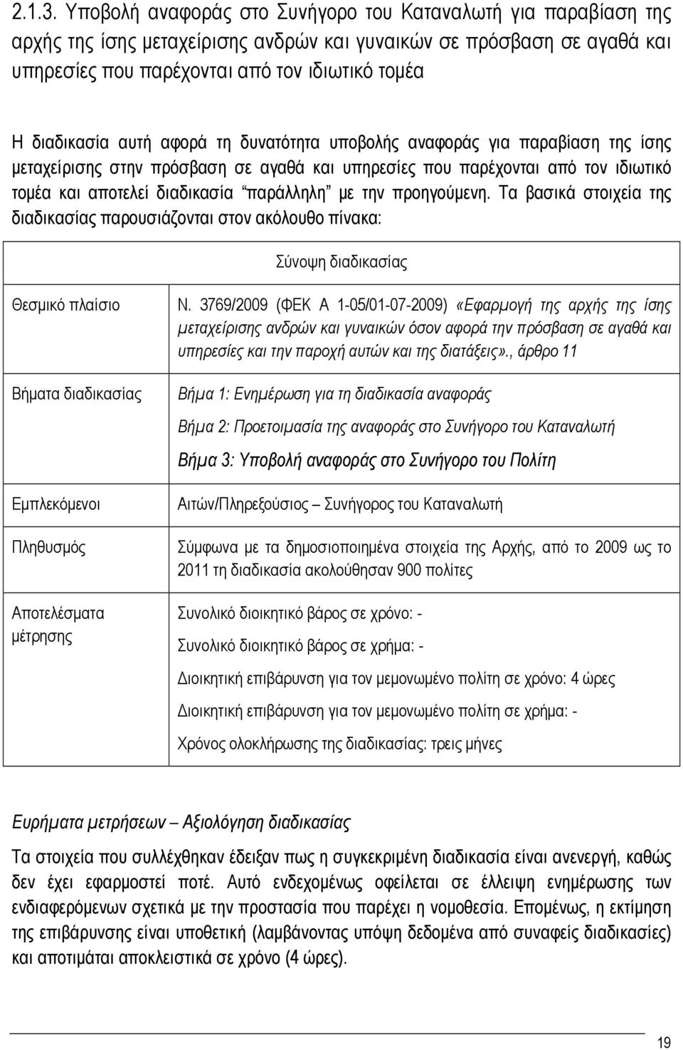 αυτή αφορά τη δυνατότητα υποβολής αναφοράς για παραβίαση της ίσης μεταχείρισης στην πρόσβαση σε αγαθά και υπηρεσίες που παρέχονται από τον ιδιωτικό τομέα και αποτελεί διαδικασία παράλληλη με την