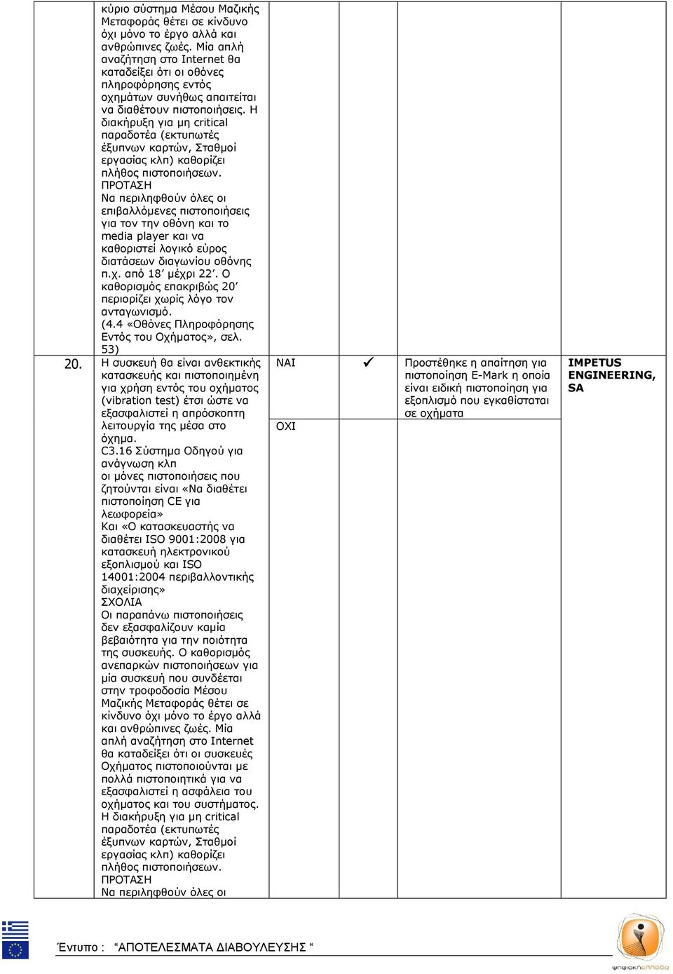 Η διακήρυξη για μη critical παραδοτέα (εκτυπωτές έξυπνων καρτών, Σταθμοί εργασίας κλπ) καθορίζει πλήθος πιστοποιήσεων.