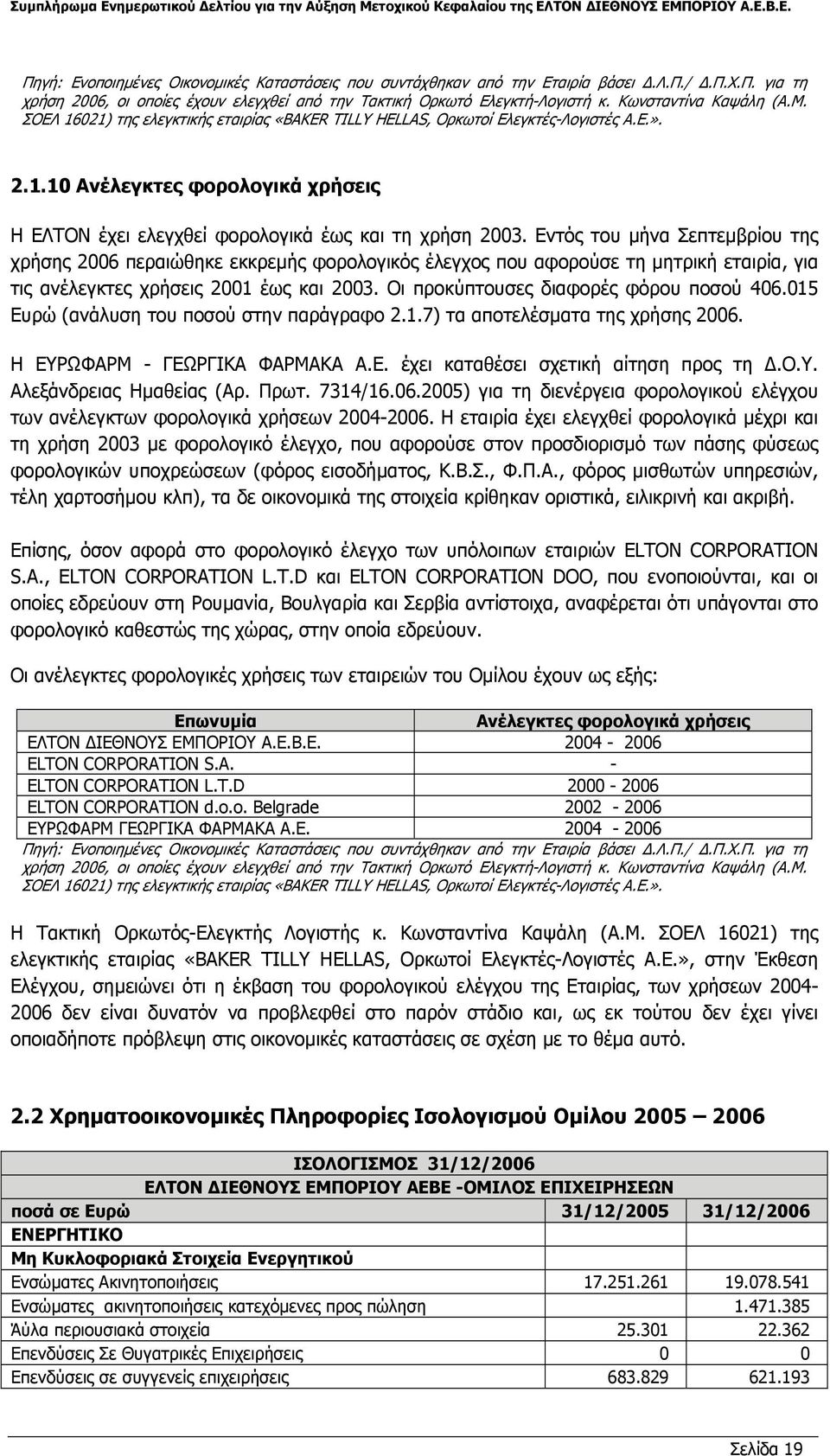 Οι προκύπτουσες διαφορές φόρου ποσού 406.015 Ευρώ (ανάλυση του ποσού στην παράγραφο 2.1.7) τα αποτελέσµατα της χρήσης 2006. Η ΕΥΡΩΦΑΡΜ - ΓΕΩΡΓΙΚΑ ΦΑΡΜΑΚΑ Α.Ε. έχει καταθέσει σχετική αίτηση προς τη.ο.υ. Αλεξάνδρειας Ηµαθείας (Αρ.