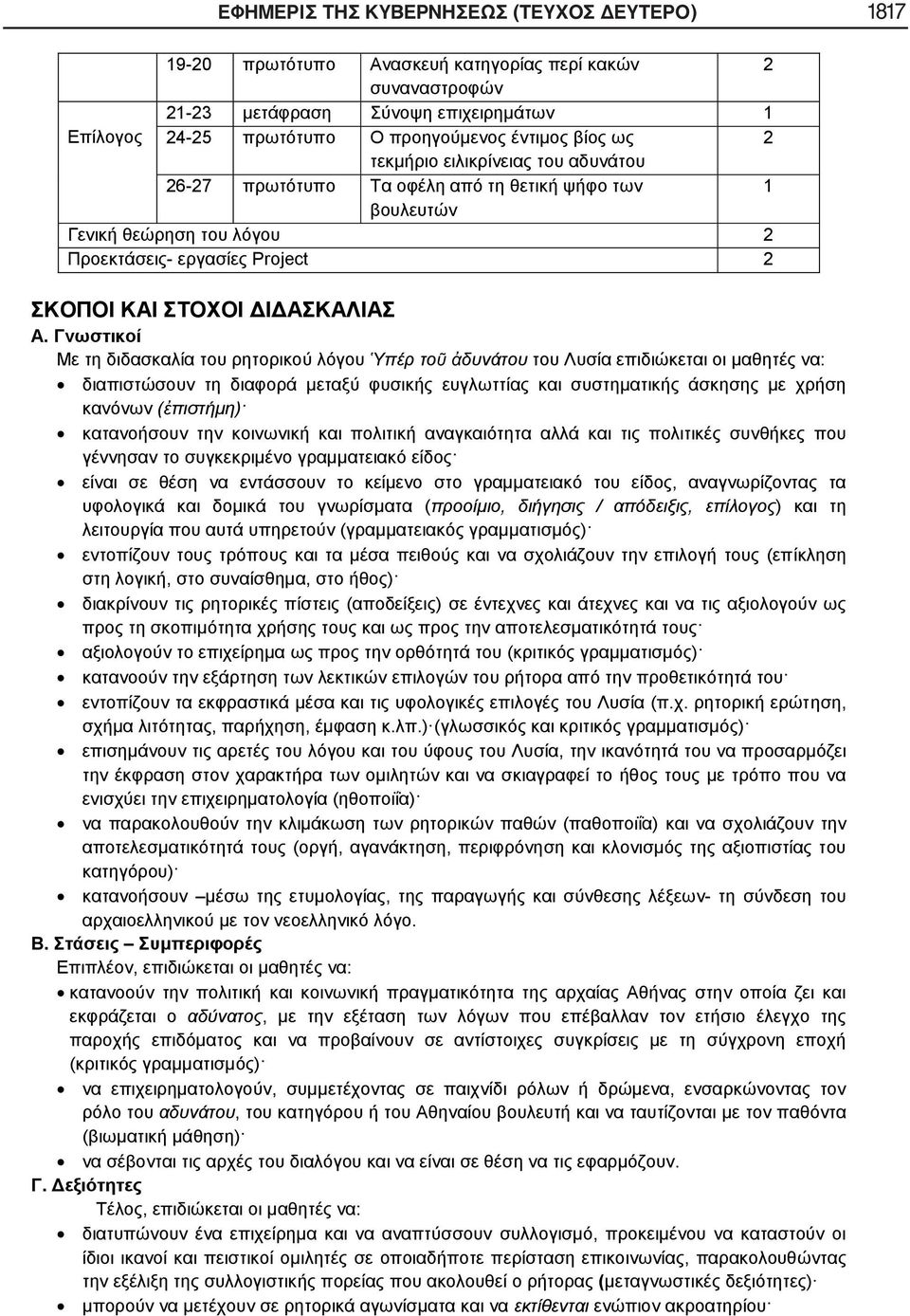 Γνωστικοί Με τη διδασκαλία του ρητορικού λόγου πέρ το δυνάτου του Λυσία επιδιώκεται οι μαθητές να: διαπιστώσουν τη διαφορά μεταξύ φυσικής ευγλωττίας και συστηματικής άσκησης με χρήση κανόνων (