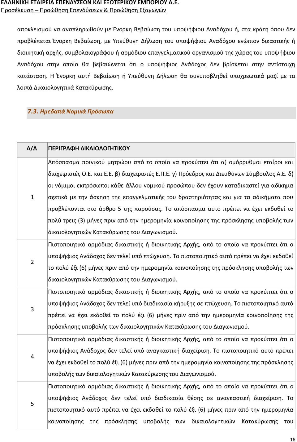 Η Ένορκη αυτή Βεβαίωση ή Υπεύθυνη Δήλωση θα συνυποβληθεί υποχρεωτικά μαζί με τα λοιπά Δικαιολογητικά Κατακύρωσης. 7.3.