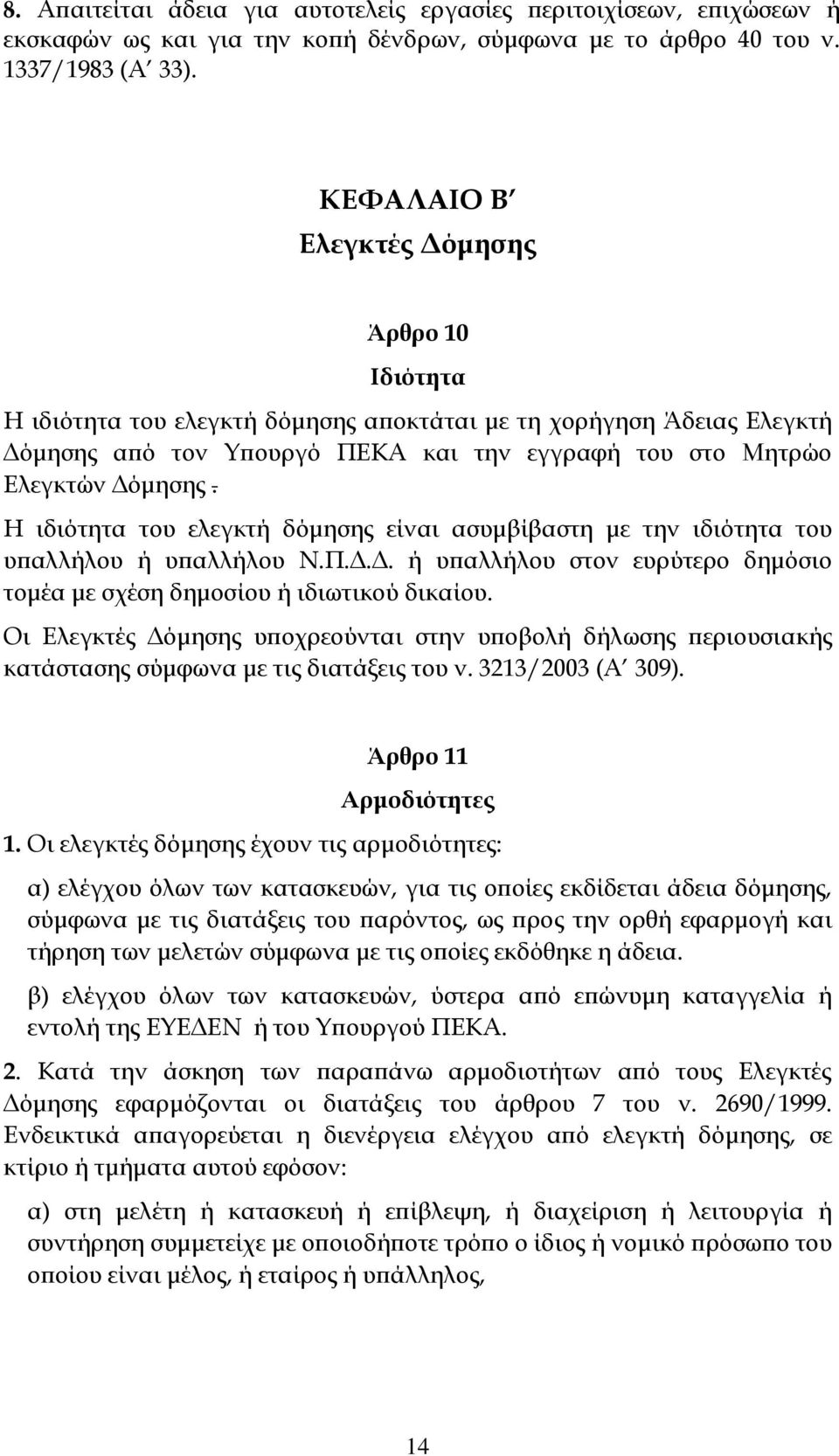 Η ιδιότητα του ελεγκτή δόμησης είναι ασυμβίβαστη με την ιδιότητα του υπαλλήλου ή υπαλλήλου Ν.Π.Δ.Δ. ή υπαλλήλου στον ευρύτερο δημόσιο τομέα με σχέση δημοσίου ή ιδιωτικού δικαίου.