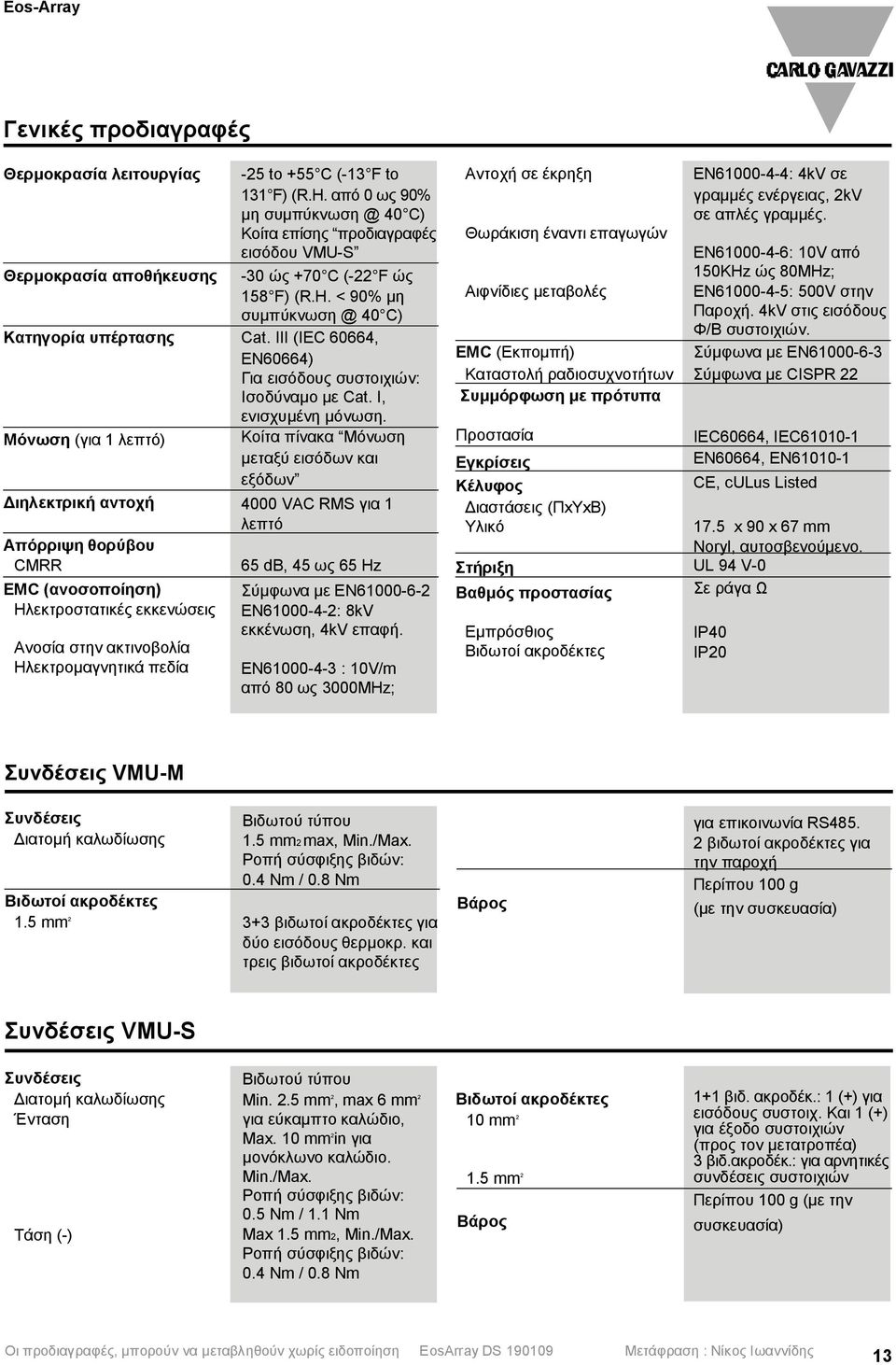 III (IEC 60664, EN60664) Για εισόδους συστοιχιών: Ισοδύναμο με Cat. I, ενισχυμένη μόνωση.