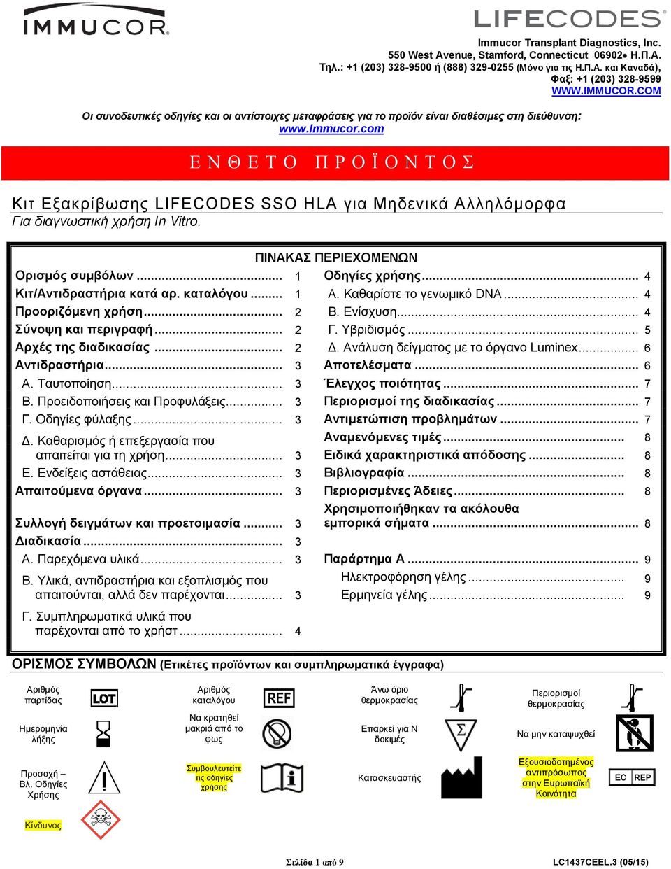 com Ε Ν Θ Ε Τ Ο Π Ρ Ο Ϊ Ο Ν Τ Ο Σ Κιτ Εξακρίβωσης LIFECODES SSO HLA για Μηδενικά Αλληλόμορφα Για διαγνωστική χρήση In Vitro. ΠΙΝΑΚΑΣ ΠΕΡΙΕΧΟΜΕΝΩΝ Ορισμός συμβόλων... 1 Οδηγίες χρήσης.