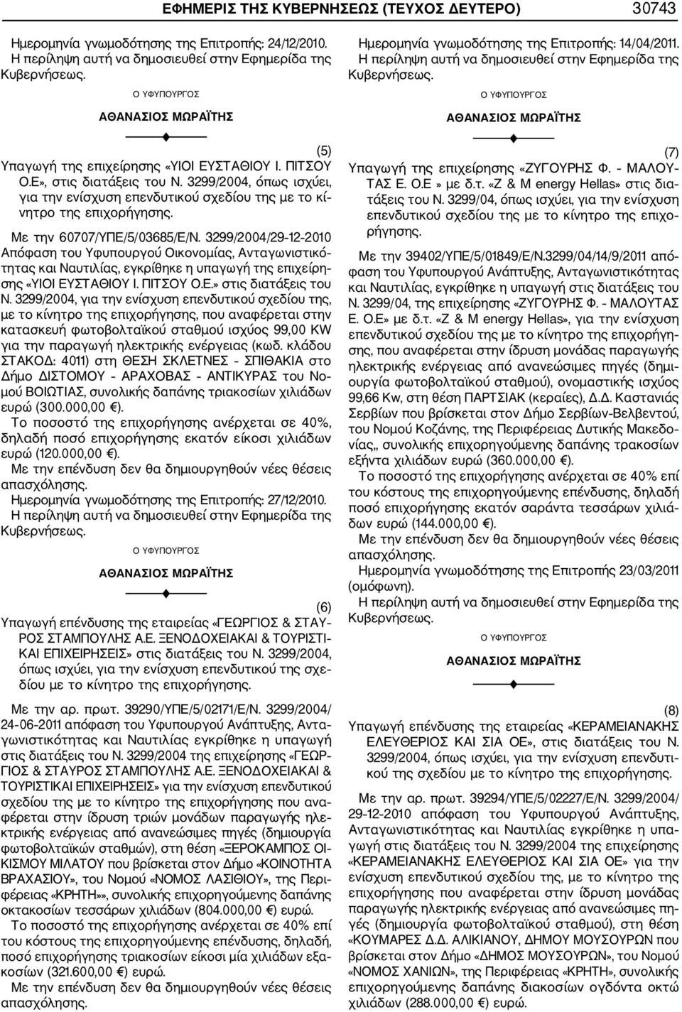 3299/2004/29 12 2010 Απόφαση του Υφυπουργού Οικονομίας, Ανταγωνιστικό τητας και Ναυτιλίας, εγκρίθηκε η υπαγωγή της επιχείρη σης «ΥΙΟΙ ΕΥΣΤΑΘΙΟΥ Ι. ΠΙΤΣΟΥ Ο.Ε.» στις διατάξεις του Ν.