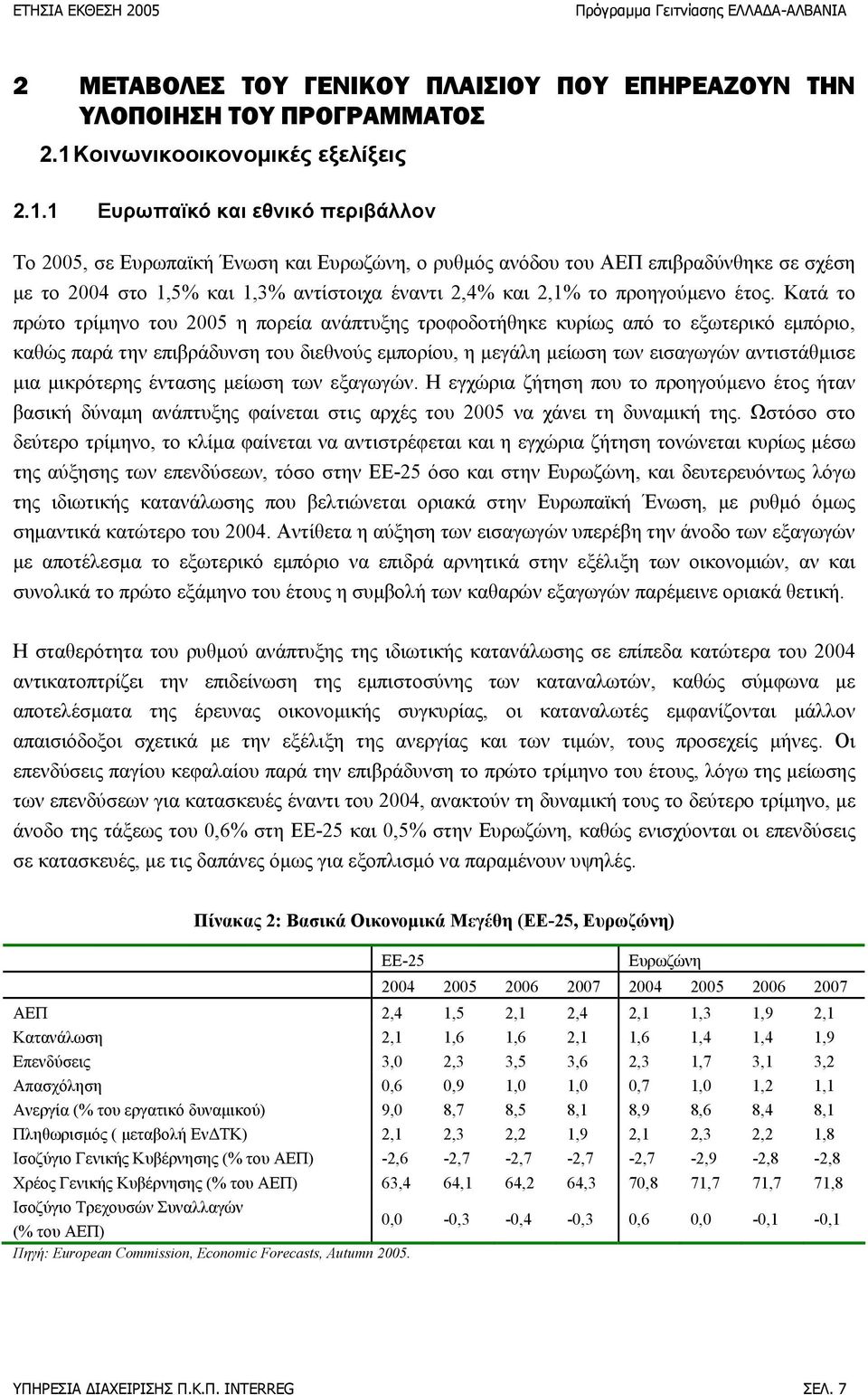 1 Ευρωπαϊκό και εθνικό περιβάλλον Το 2005, σε Ευρωπαϊκή Ένωση και Ευρωζώνη, ο ρυθμός ανόδου του ΑΕΠ επιβραδύνθηκε σε σχέση με το 2004 στο 1,5% και 1,3% αντίστοιχα έναντι 2,4% και 2,1% το προηγούμενο