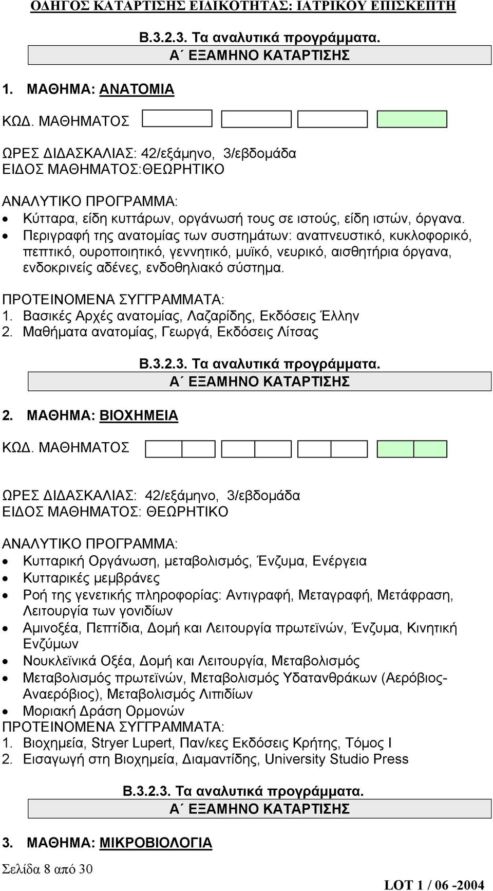 Βασικές Αρχές ανατομίας, Λαζαρίδης, Εκδόσεις Έλλην 2. Μαθήματα ανατομίας, Γεωργά, Εκδόσεις Λίτσας 2. ΜΑΘΗΜΑ: ΒΙΟΧΗΜΕΙΑ ΚΩΔ.