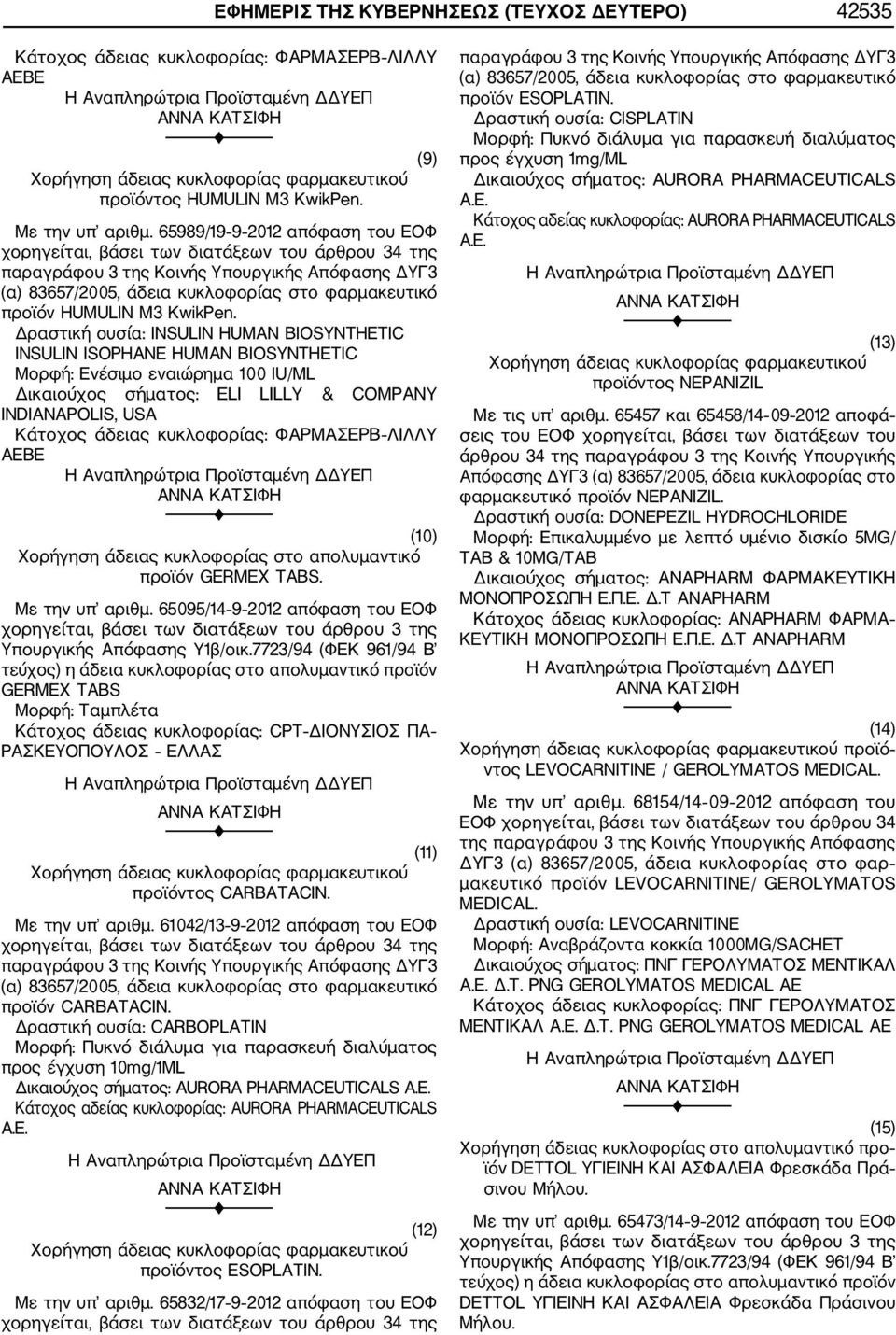 Δραστική ουσία: INSULIN HUMAN BIOSYNTHETIC INSULIN ISOPHANE HUMAN BIOSYNTHETIC Μορφή: Ενέσιμο εναιώρημα 100 IU/ML Δικαιούχος σήματος: ELI LILLY & COMPANY INDIANAPOLIS, USA Κάτοχος άδειας κυκλοφορίας: