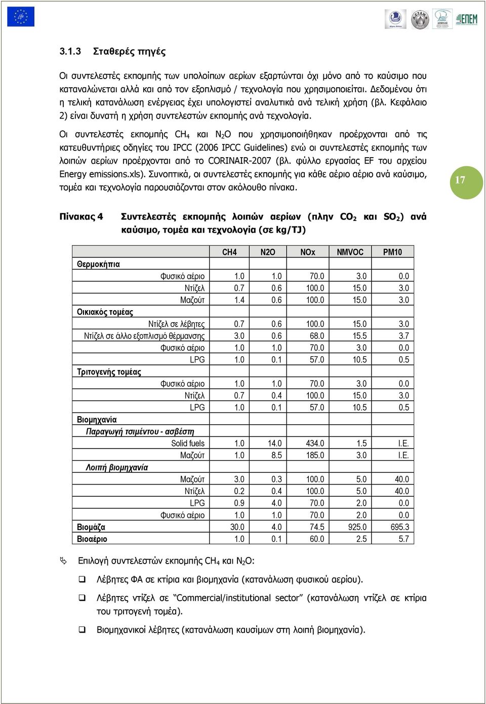 Οι συντελεστές εκπομπής CH 4 και Ν 2 Ο που χρησιμοποιήθηκαν προέρχονται από τις κατευθυντήριες οδηγίες του IPCC (2006 IPCC Guidelines) ενώ οι συντελεστές εκπομπής των λοιπών αερίων προέρχονται από το