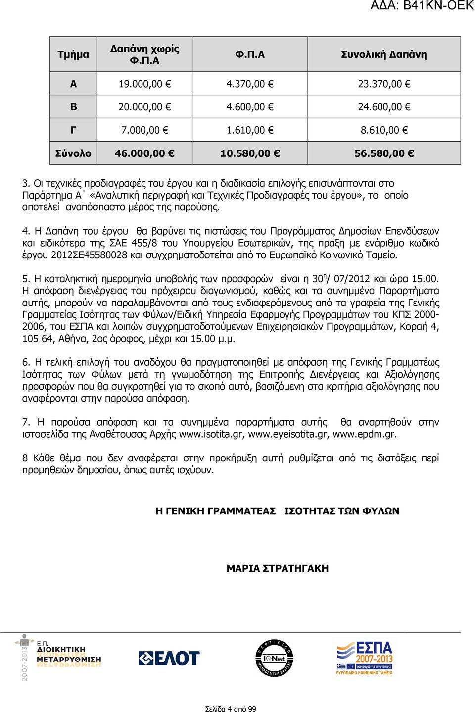 4. Η απάνη του έργου θα βαρύνει τις πιστώσεις του Προγράµµατος ηµοσίων Επενδύσεων και ειδικότερα της ΣΑΕ 455/8 του Υπουργείου Εσωτερικών, της πράξη µε ενάριθµο κωδικό έργου 2012ΣΕ45580028 και