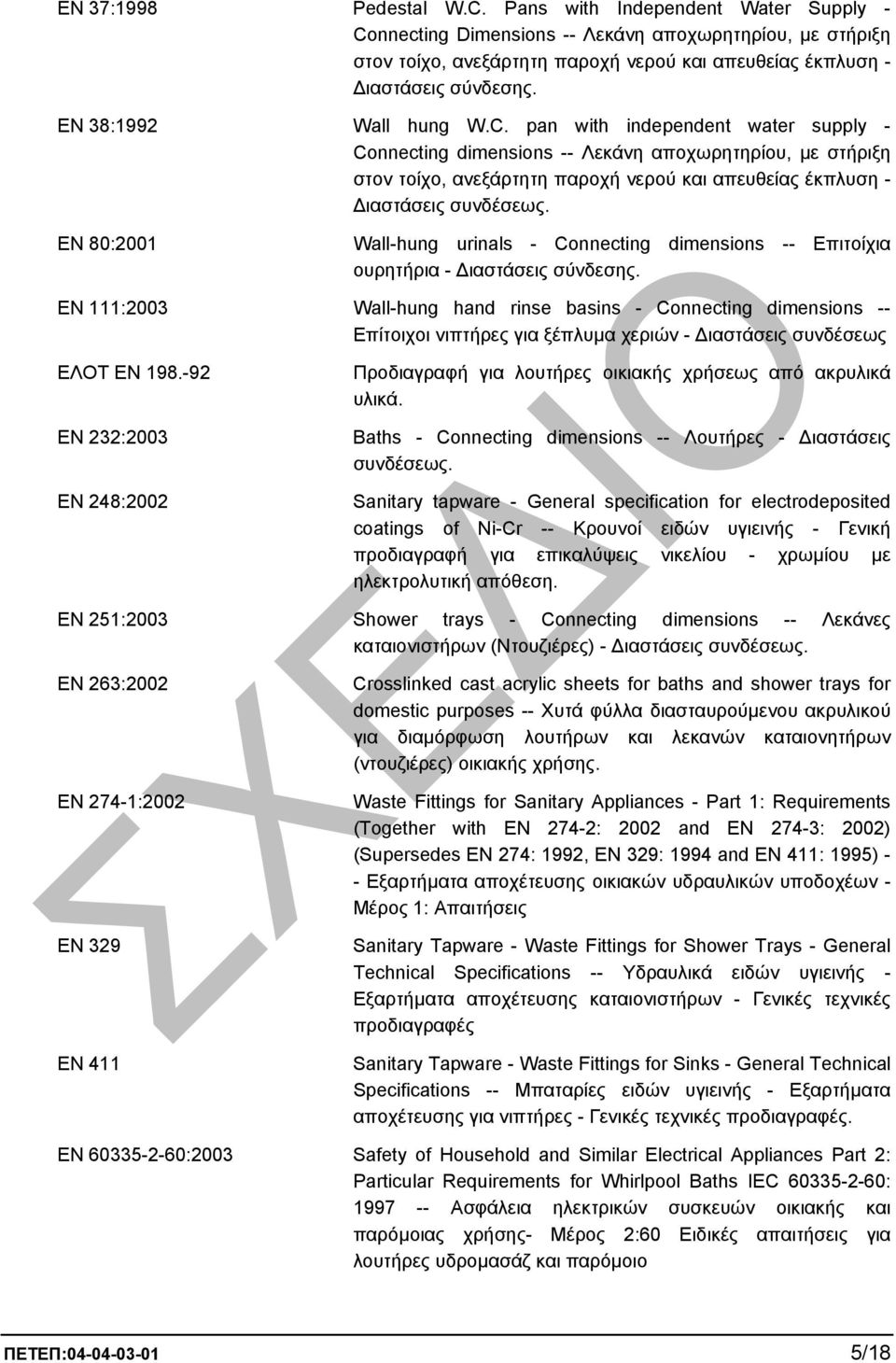 EN 80:2001 Wall-hung urinals - Connecting dimensions -- Επιτοίχια ουρητήρια - ιαστάσεις σύνδεσης.